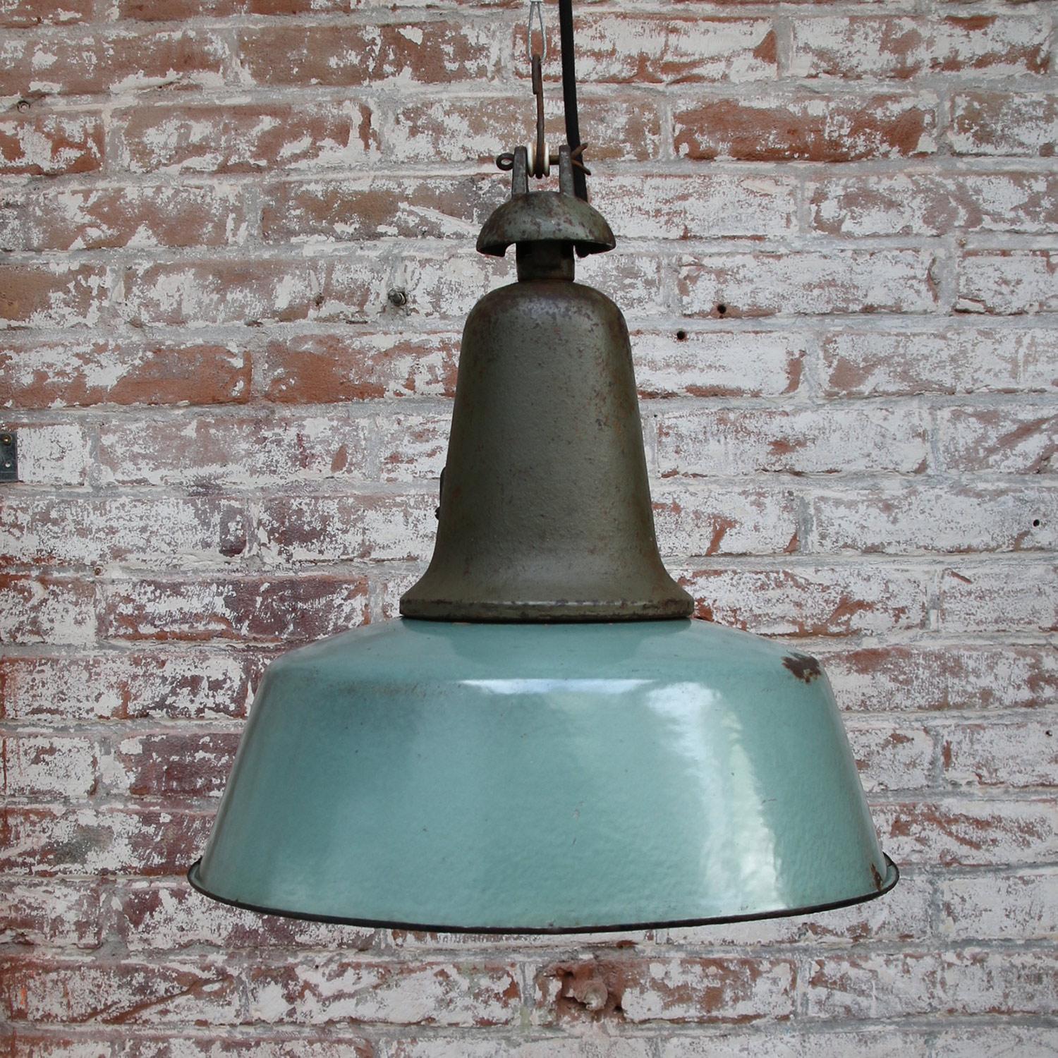 Petrol Enamel Vintage Industrial Cast Iron Pendant Lamp In Fair Condition In Amsterdam, NL
