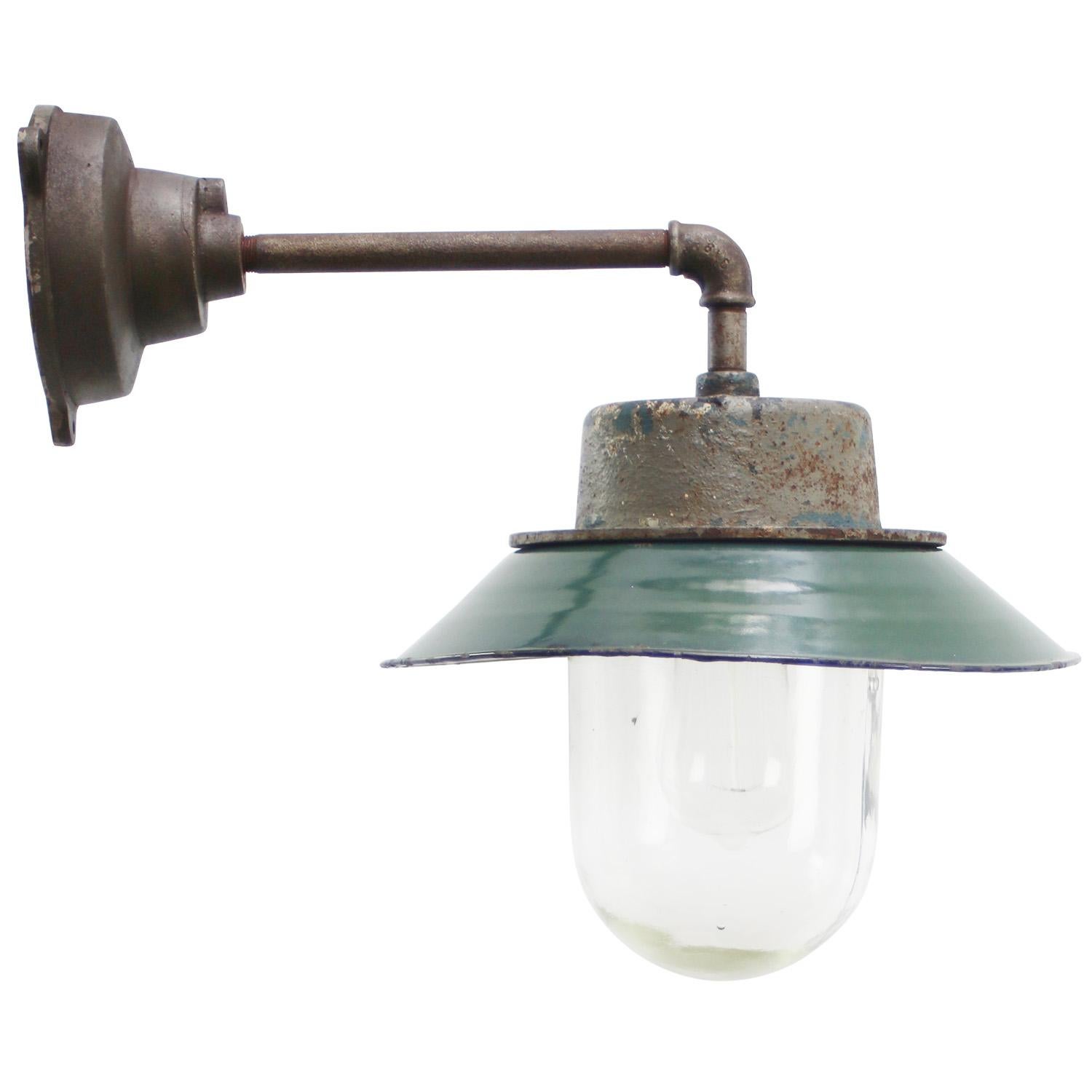 Petrol Enamel Vintage Industrial Clear Glass Scone Wall Light In Good Condition For Sale In Amsterdam, NL
