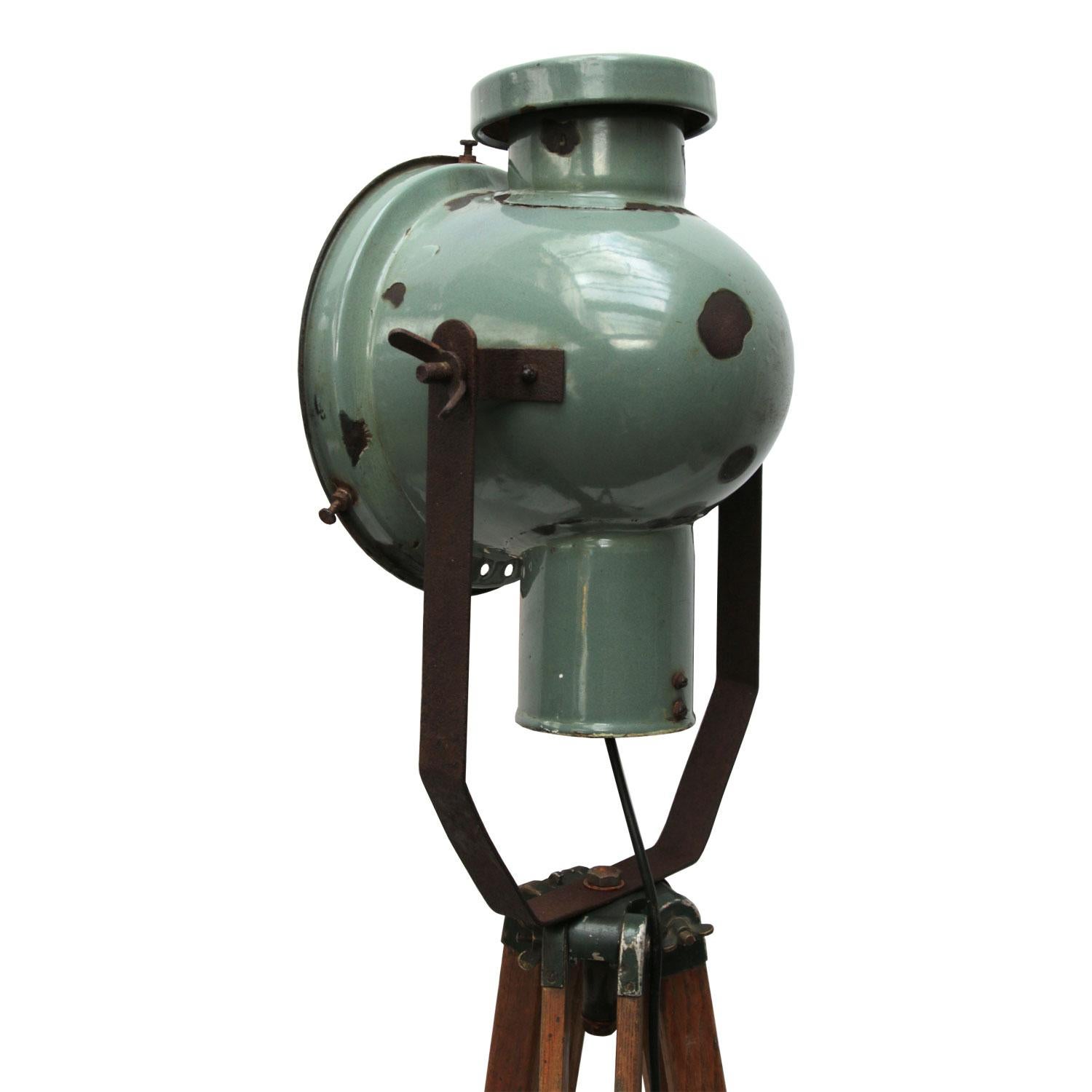 Hungarian Petrol Enamel Vintage Industrial Wooden Legs Spot Light Tripod Floor Lamp