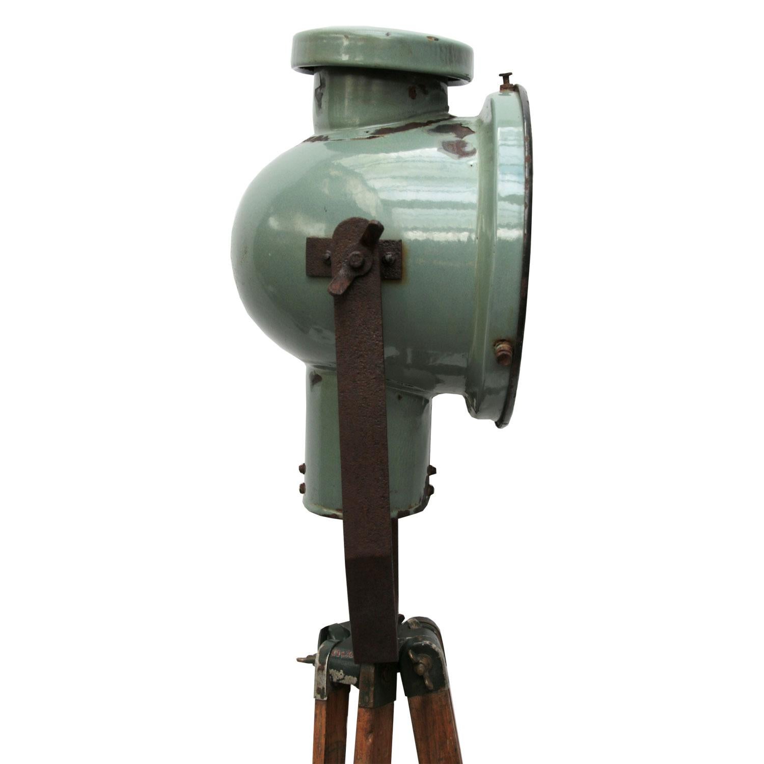 20th Century Petrol Enamel Vintage Industrial Wooden Legs Spot Light Tripod Floor Lamp