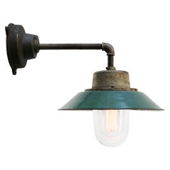 Petrol Green Enamel Vintage Industrial Cast Iron Arm Clear Glass Wall Lamp