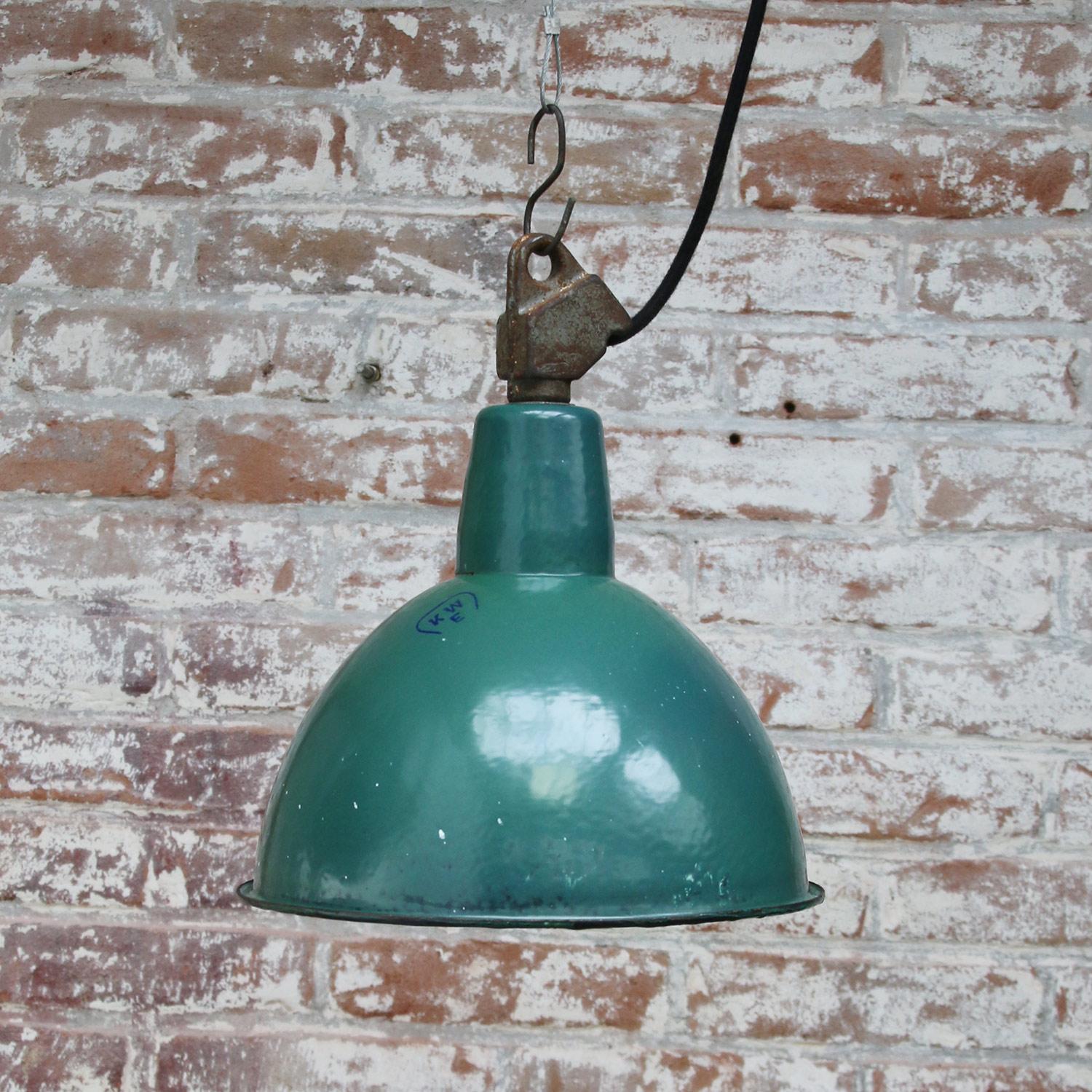 Cast Petrol Green Enamel Vintage Industrial Hanging Lights Pendants