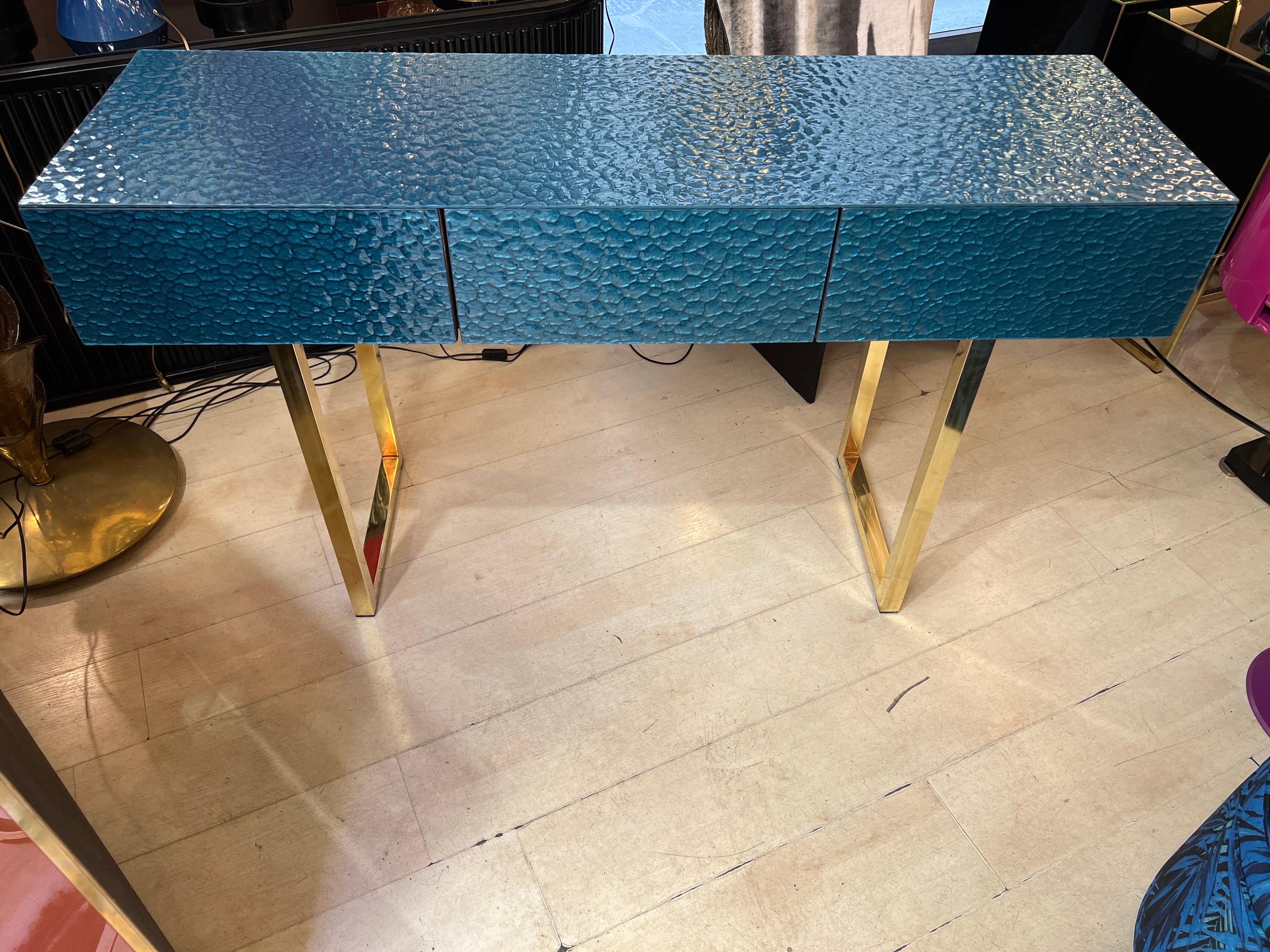Modern Petrol Green Murano Ashlar Glass and Brass Console Table with Three Drawers 2000 For Sale