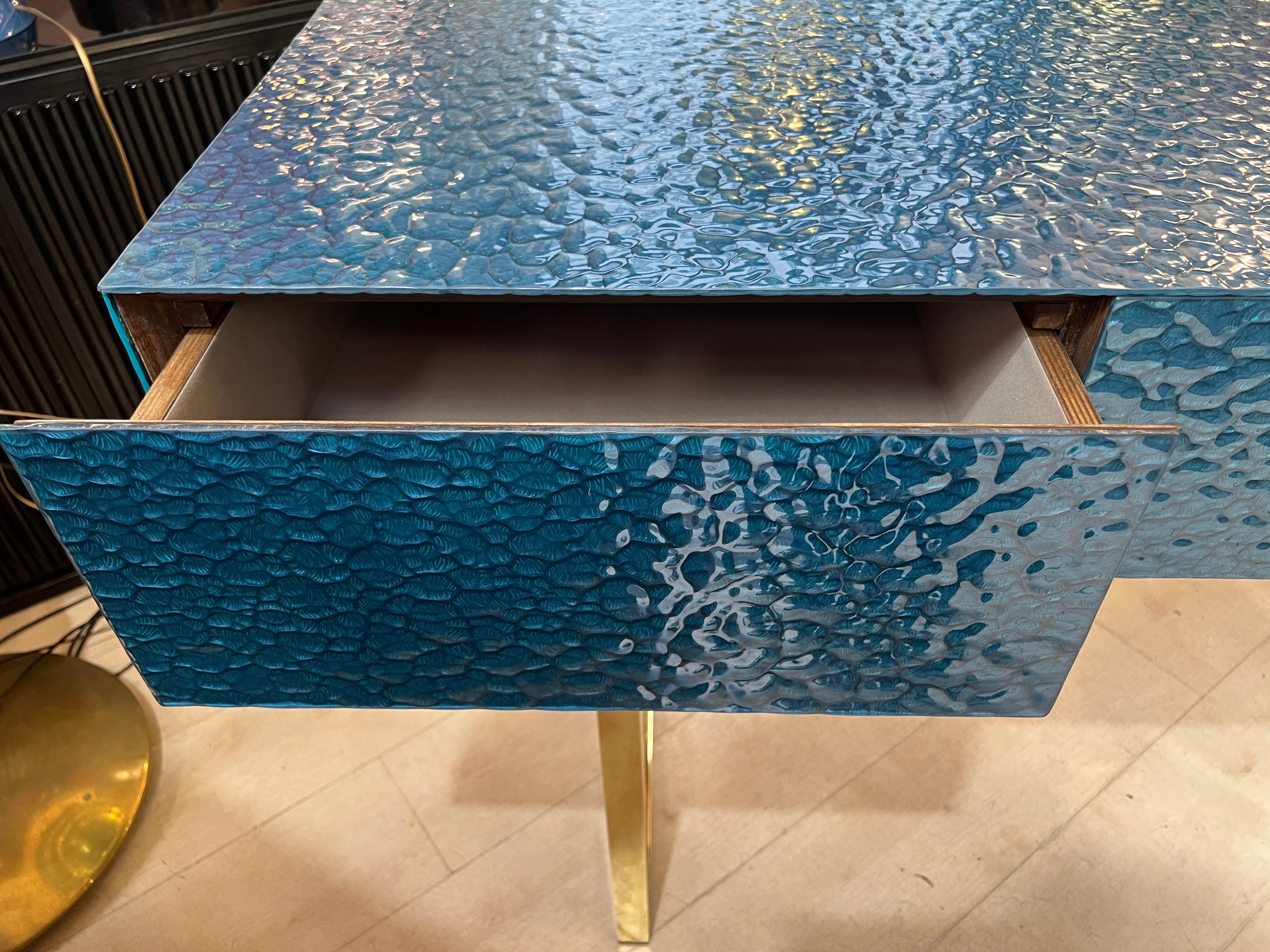 20th Century Petrol Green Murano Ashlar Glass and Brass Console Table with Three Drawers 2000 For Sale