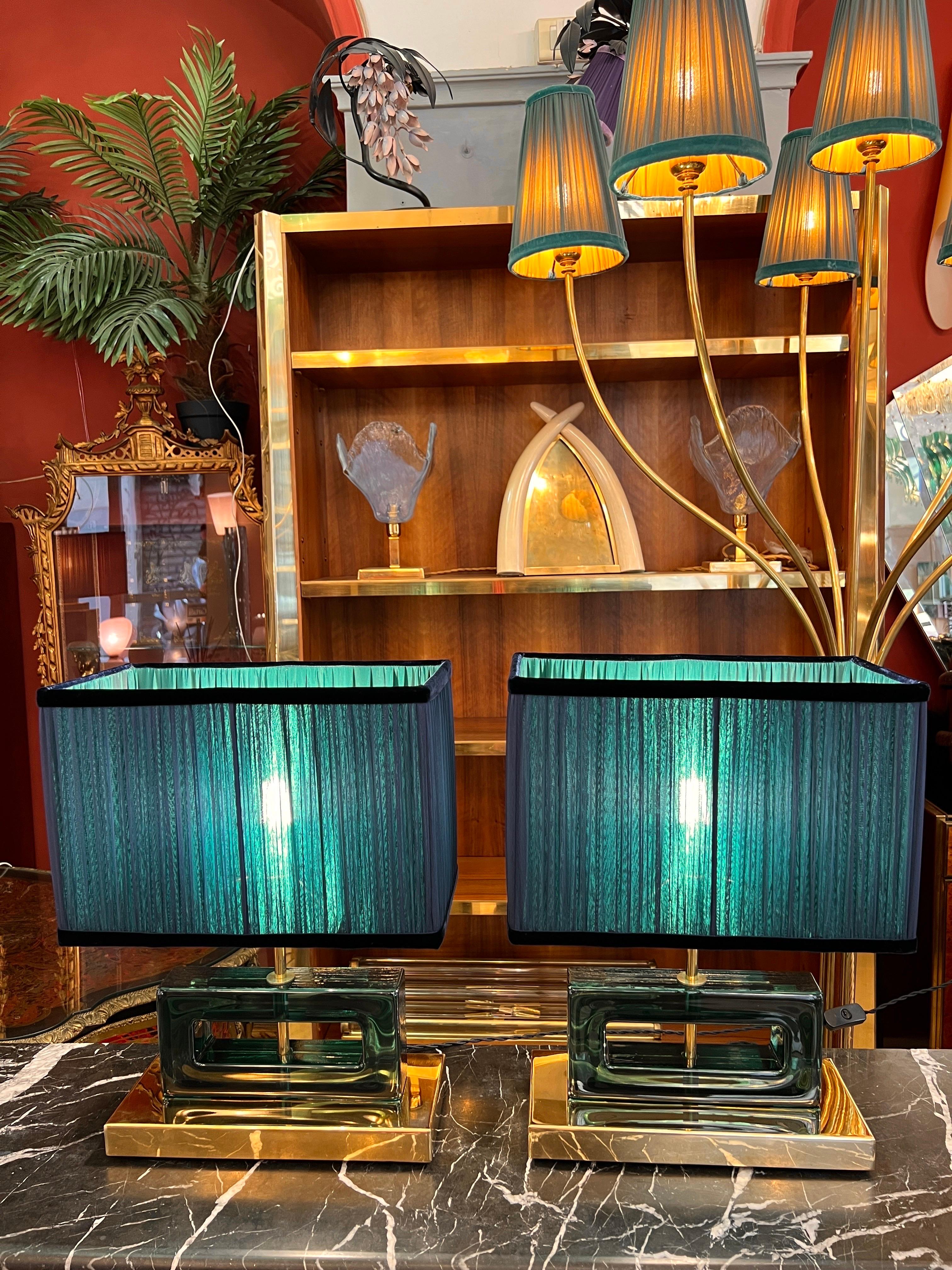 Petrol Green Murano Glass Blocks Lamps with Our Double Color Lampshades, 1970s For Sale 7