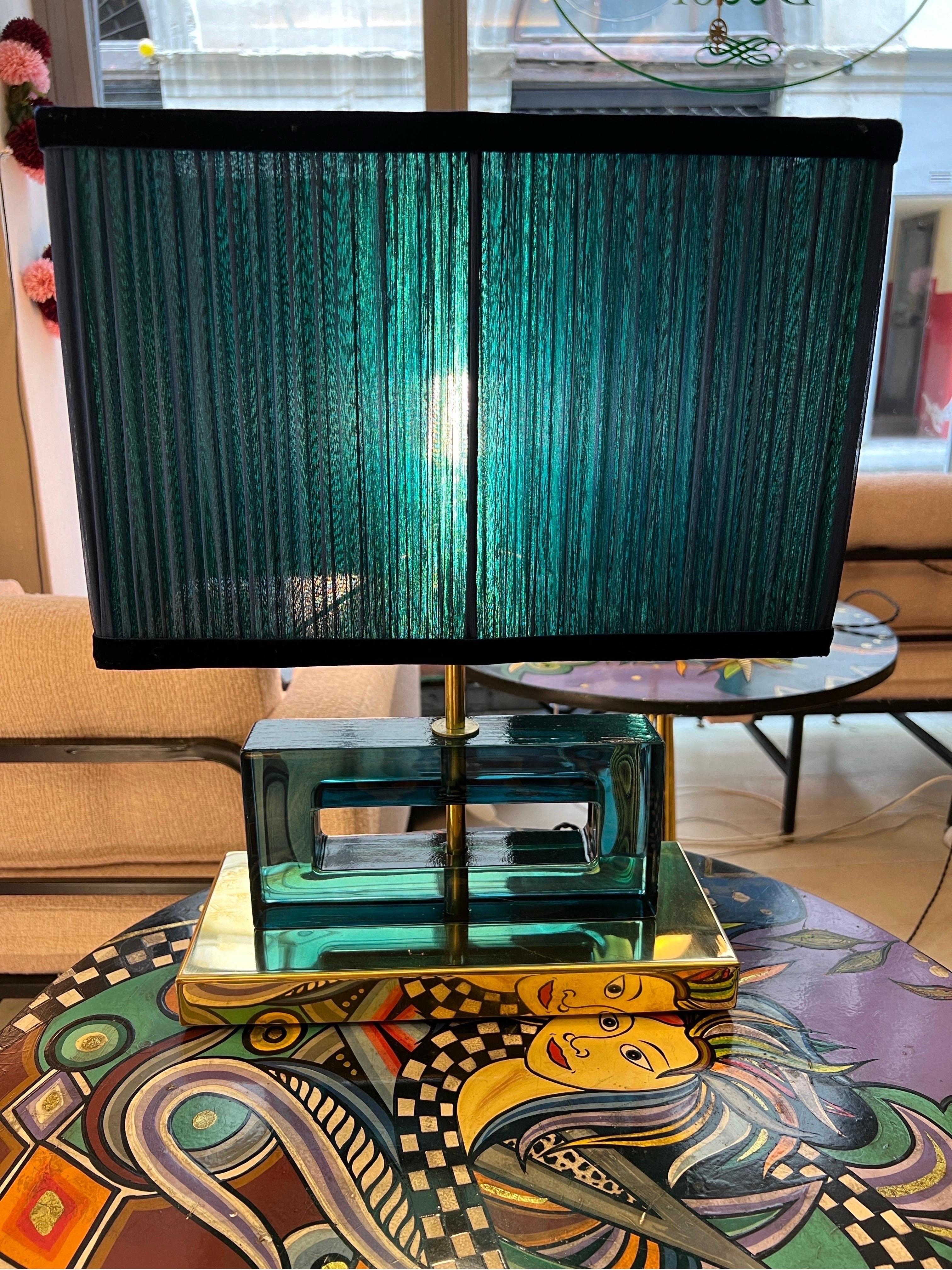 Modern Petrol Green Murano Glass Blocks Lamps with Our Double Color Lampshades, 1970s For Sale
