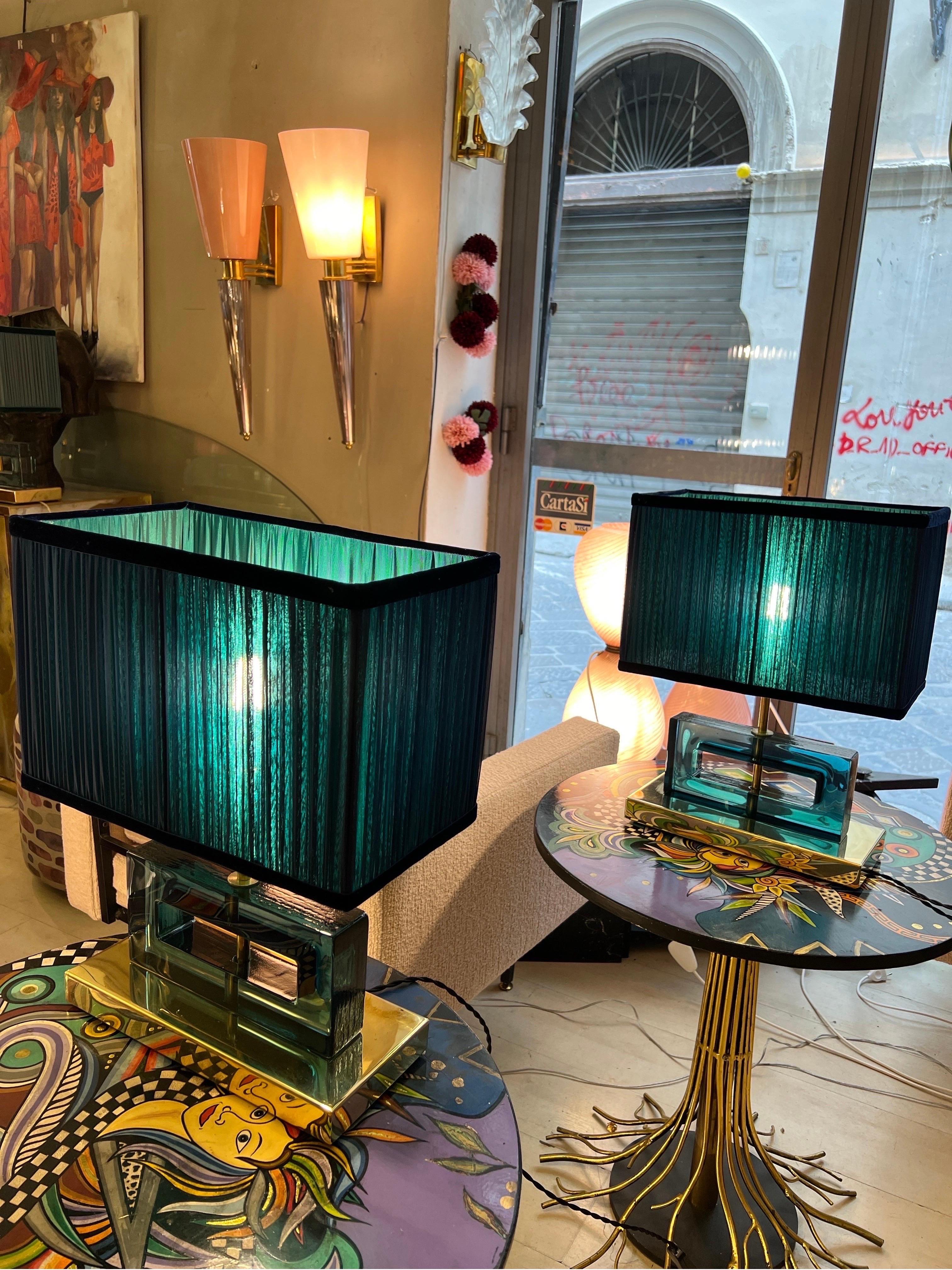 Italian Petrol Green Murano Glass Blocks Lamps with Our Double Color Lampshades, 1970s For Sale