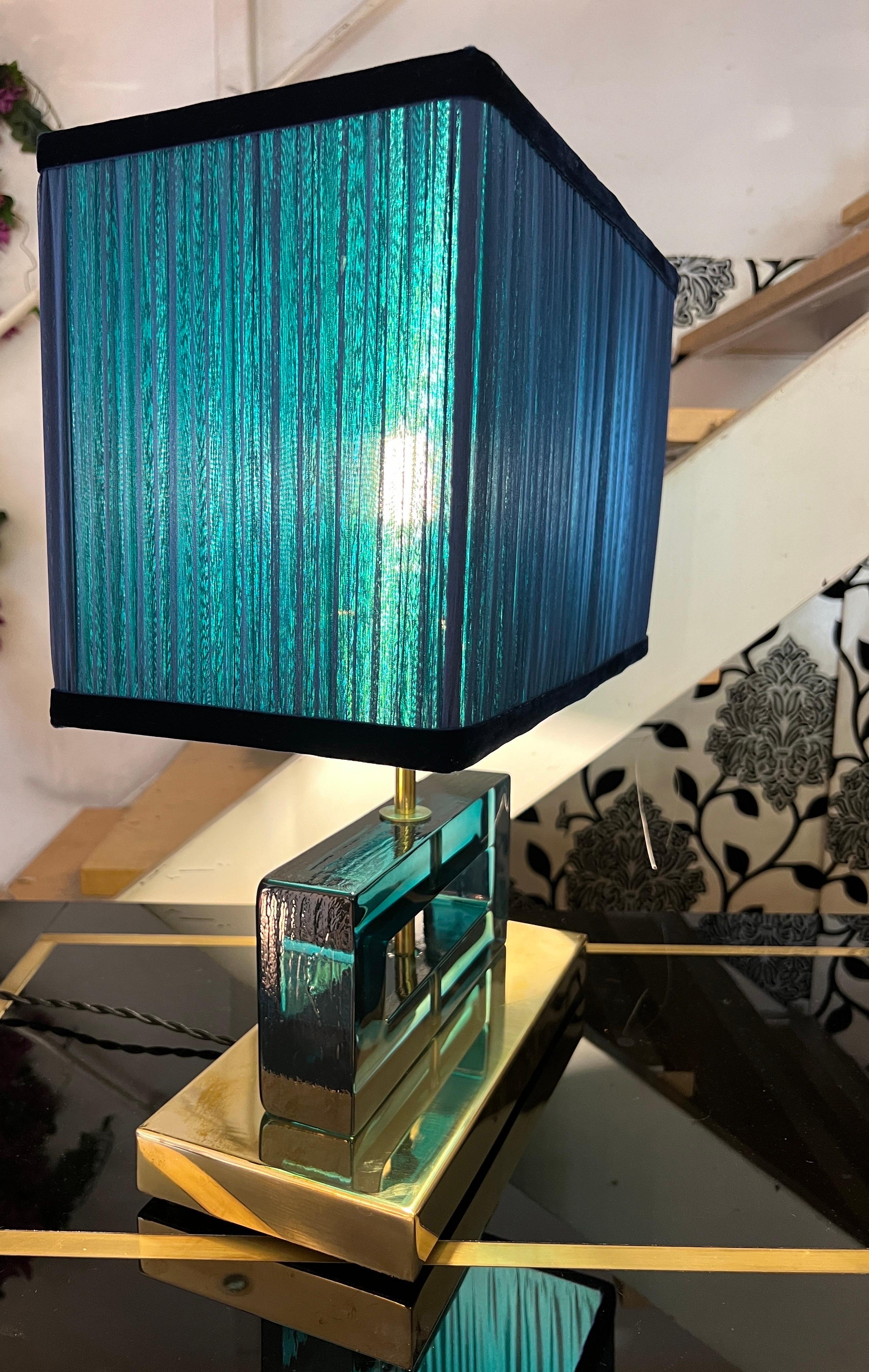 Brass Petrol Green Murano Glass Blocks Lamps with Our Double Color Lampshades, 1970s For Sale