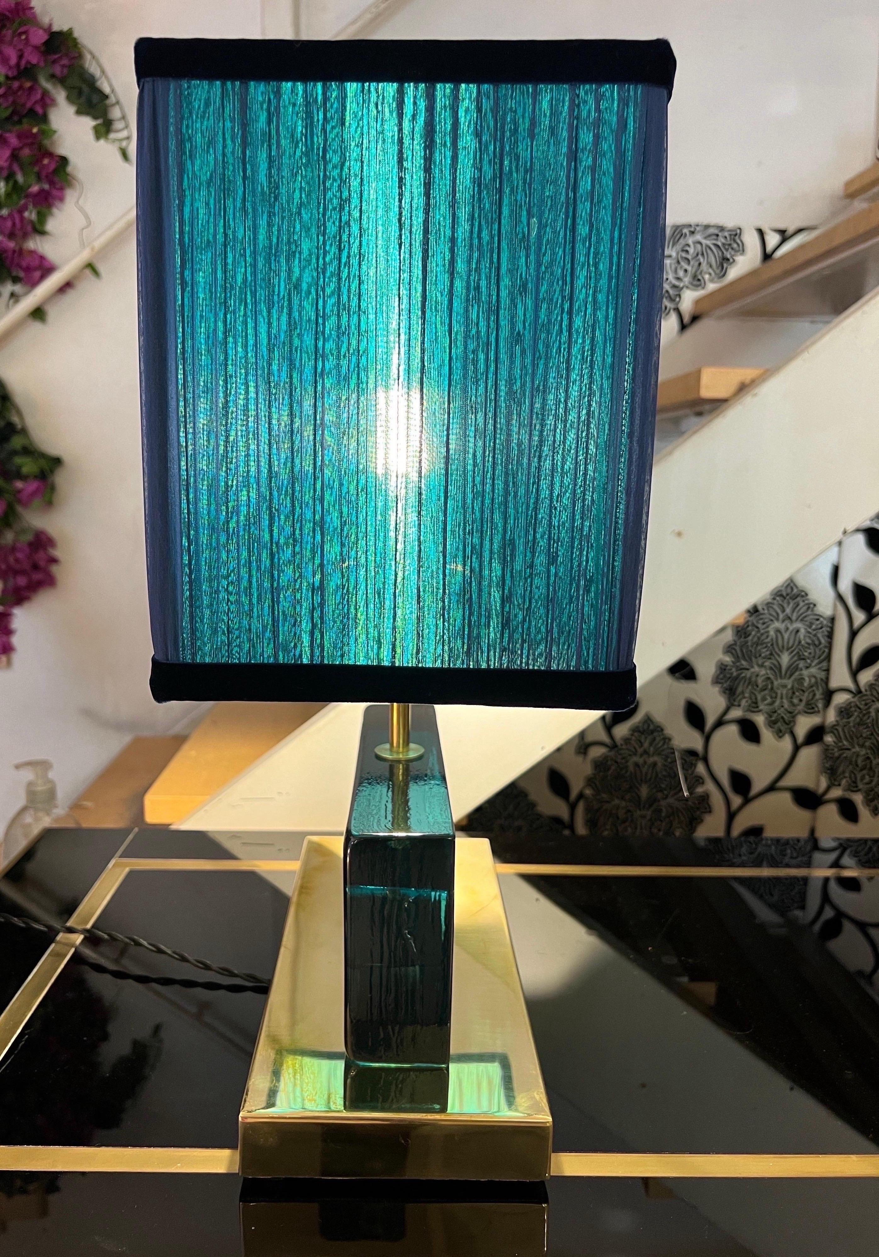 Petrol Green Murano Glass Blocks Lamps with Our Double Color Lampshades, 1970s For Sale 1