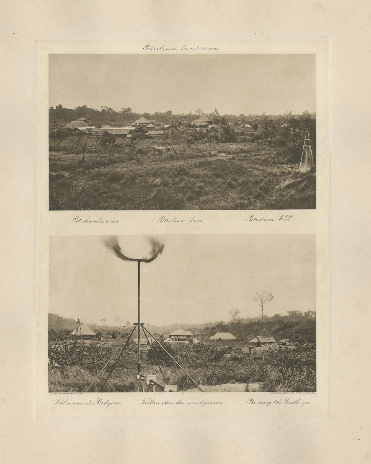 Yacimientos Petrolíferos y Quema de Gas, Aceh - C.J. Kleingrothe, hacia 1910

Lámina de fotograbado industrial que muestra los inicios de la extracción de petróleo en Aceh, en el extremo norte de Sumatra. La vista superior muestra un amplio paisaje