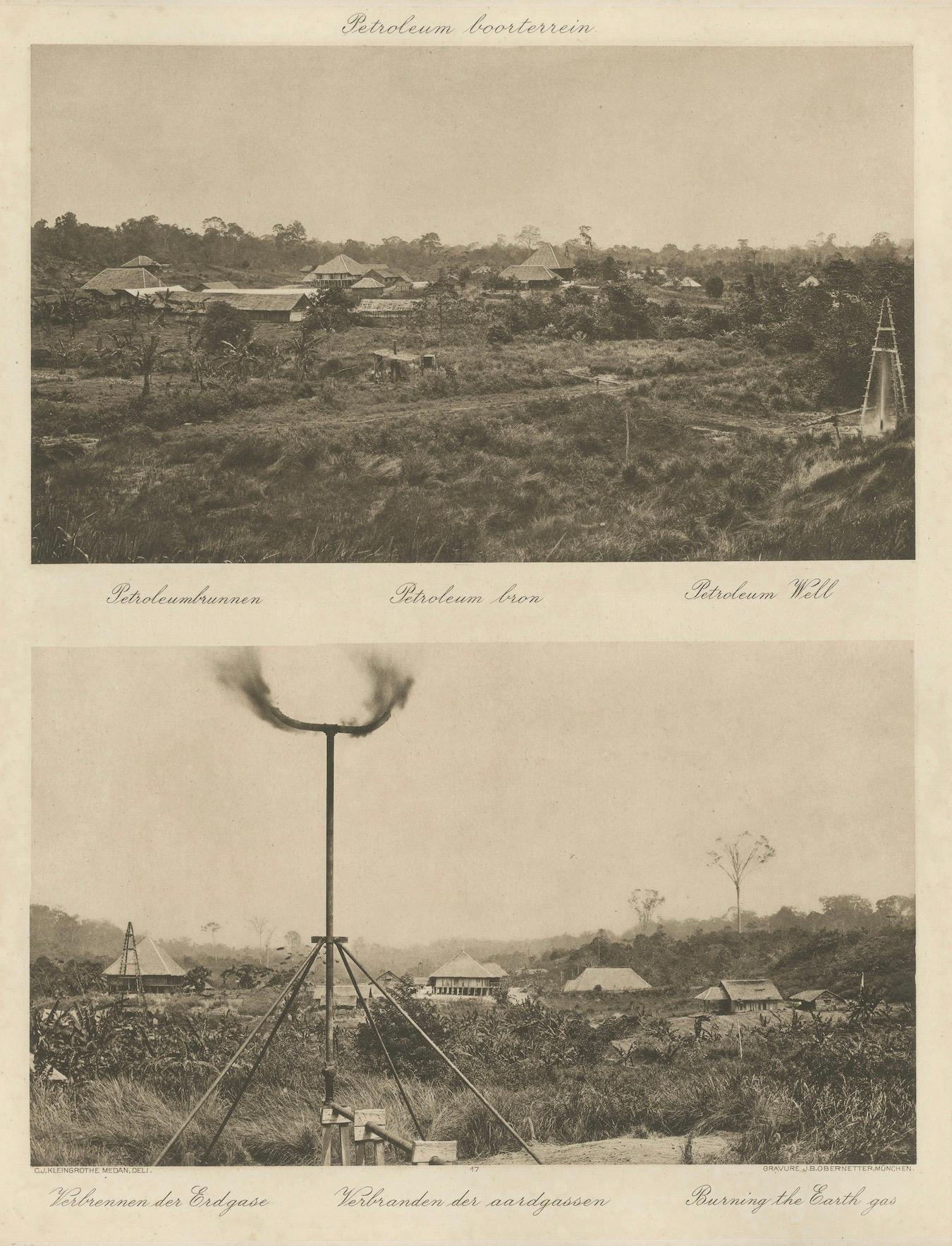 Yacimientos petrolíferos con antorchas de gas, Aceh - C.J. Foto Kleingrothe c.1910 Holandés en venta