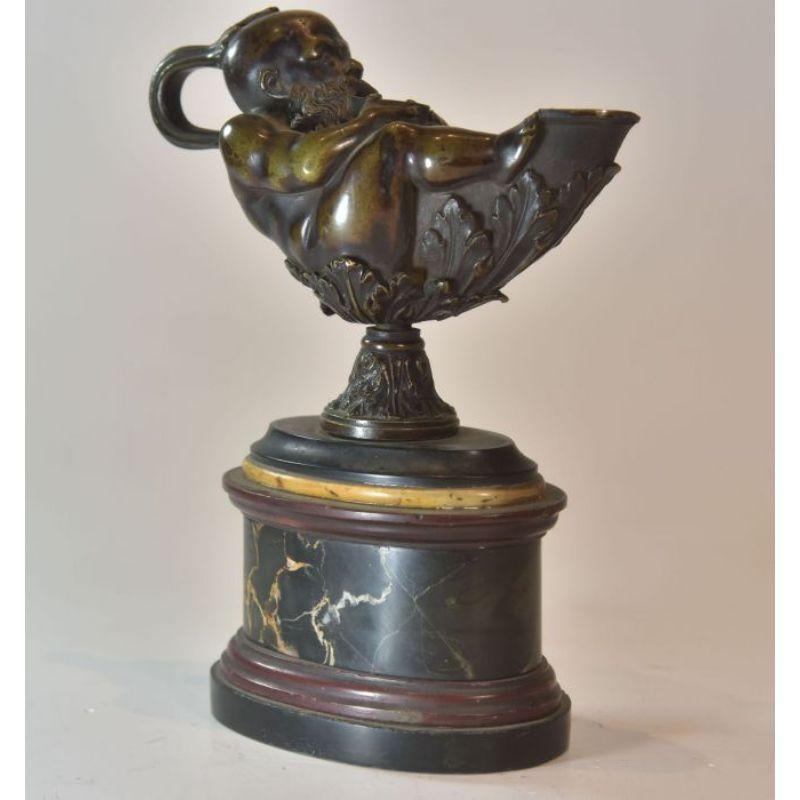 19th Century Petroleum Lamp with Genie Decoration in Bronze Portor Marble Base For Sale