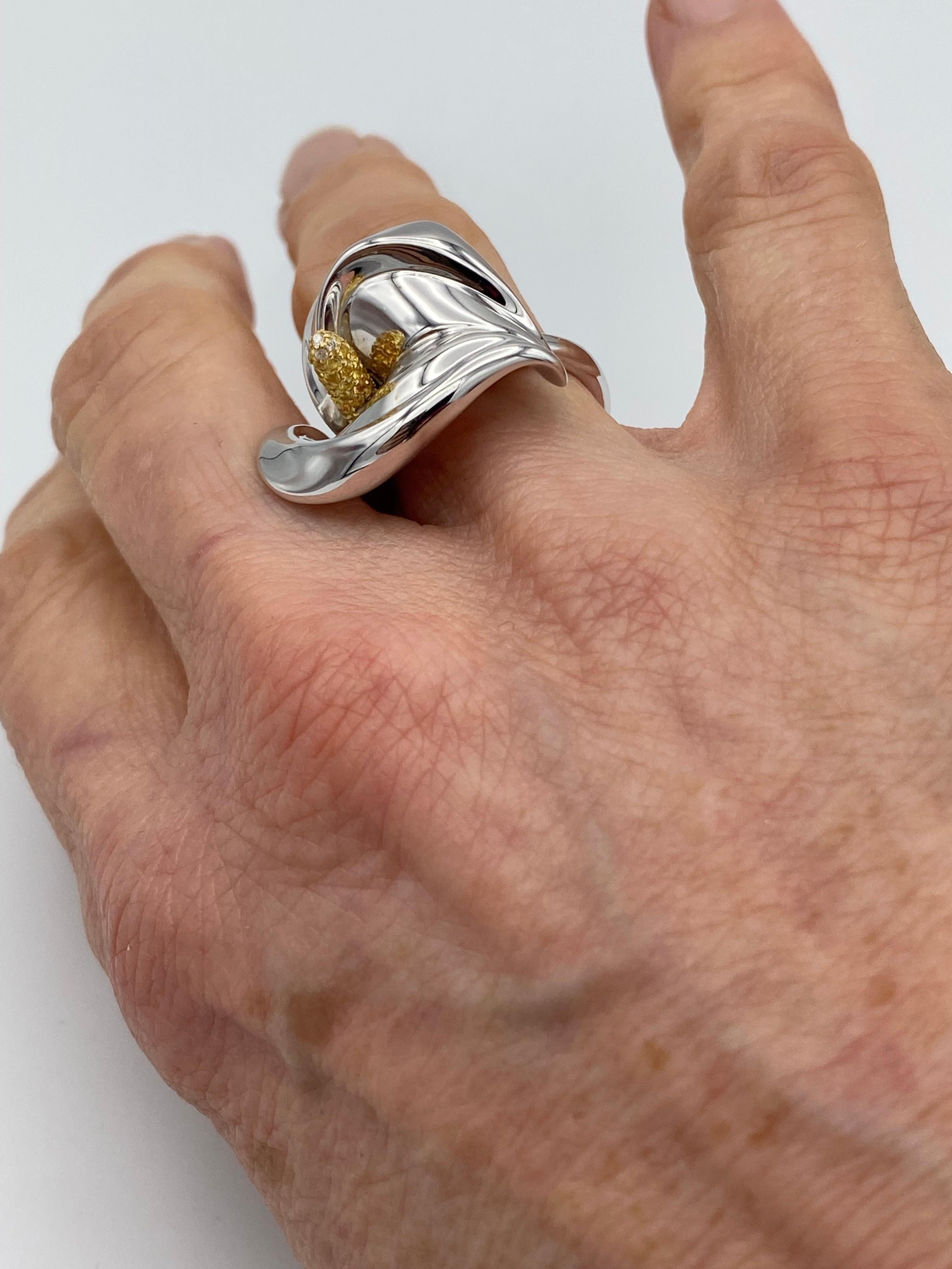 Petronilla Calla White Diamond Yellow Sapphire 18Kt Gold Ring Italian Style For Sale 3