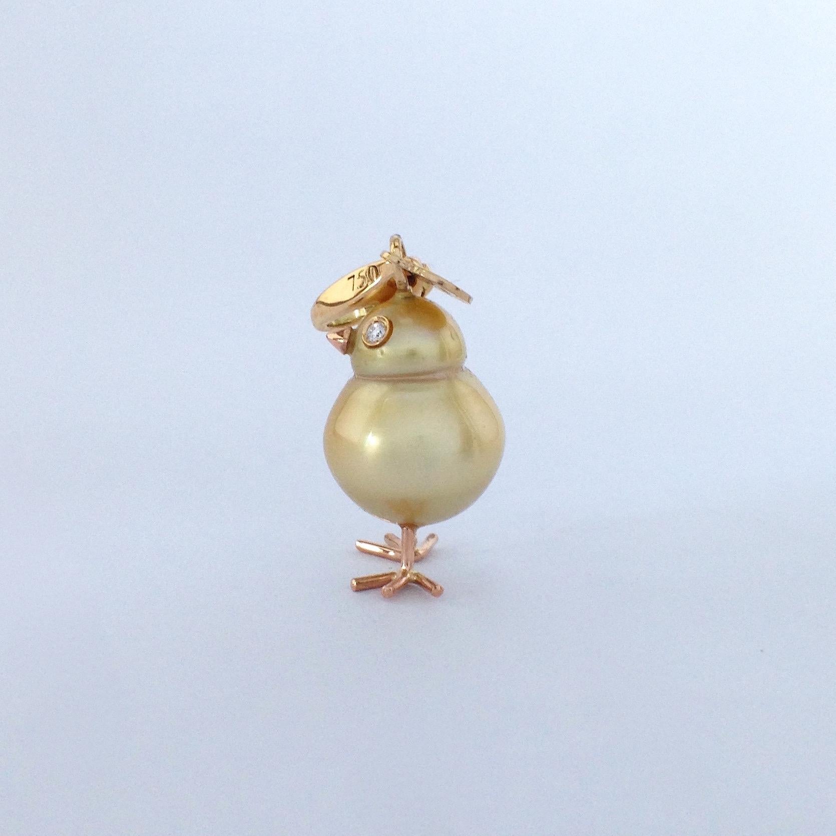 Artisan Chick Australian Pearl Diamond 18 Karat Gold Charm Pendant/Necklace