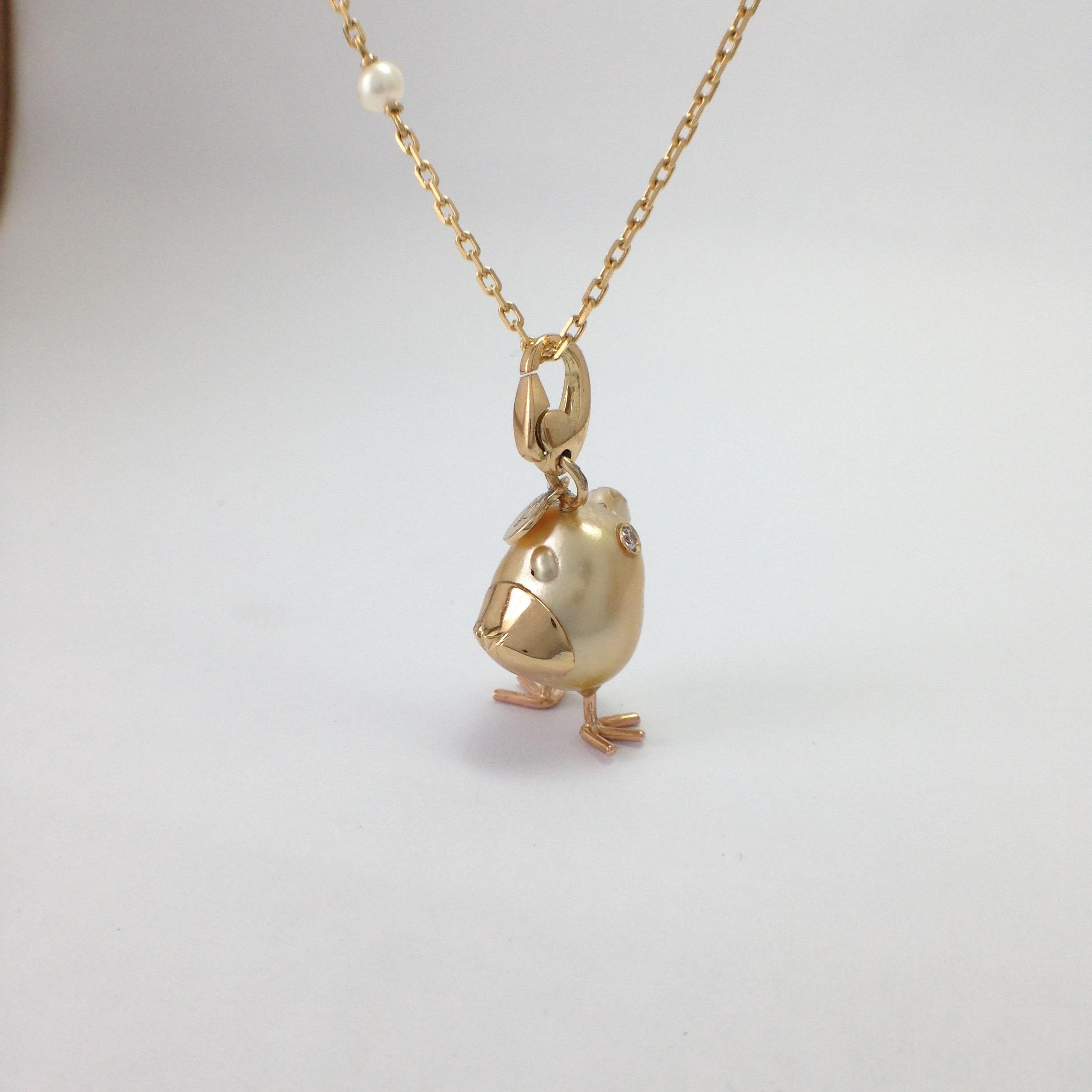 Artisan Petronilla Chick Australian Pearl Diamond Yellow 18 Kt Gold Pendant or Necklace