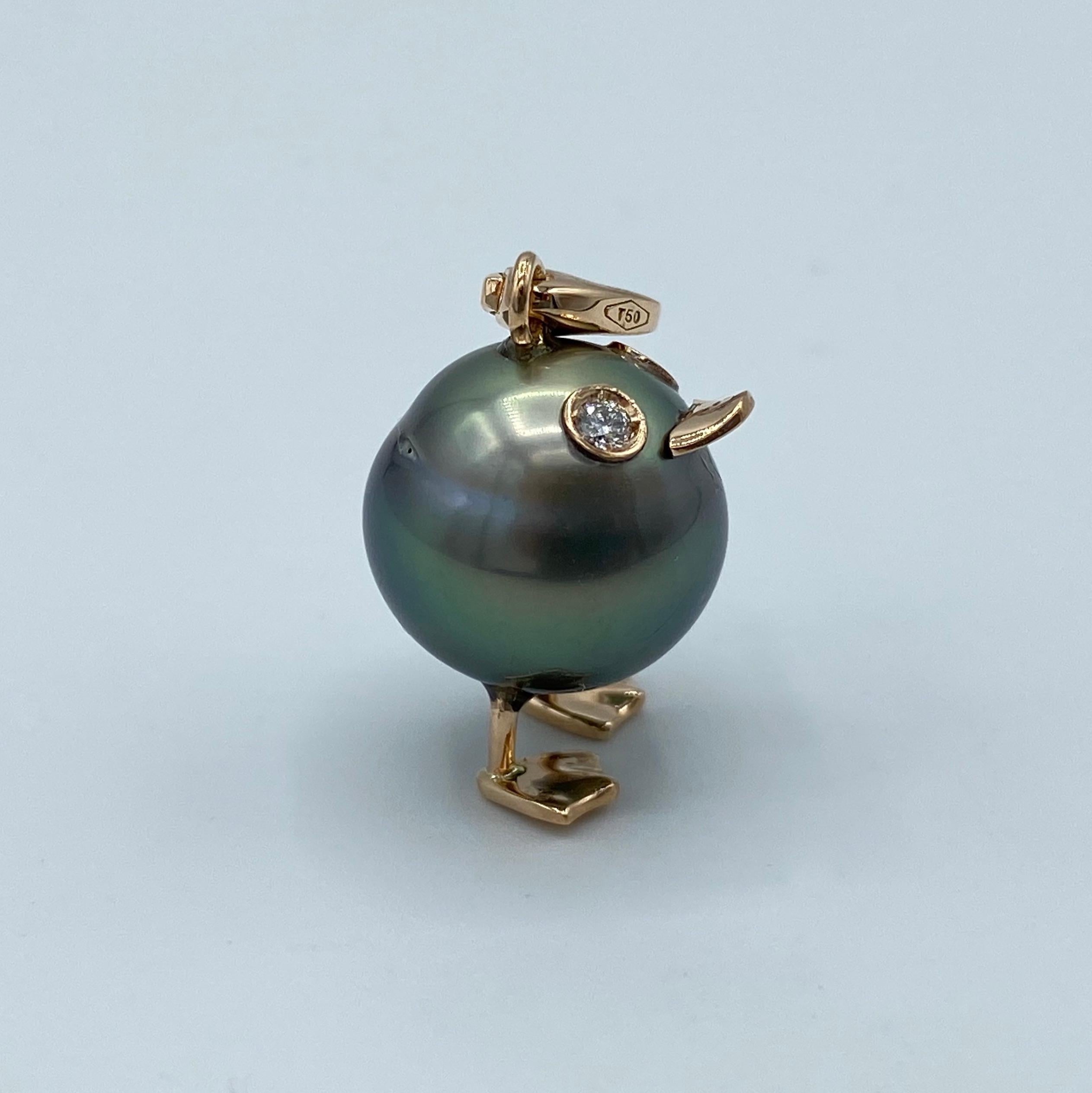Artisan Petronilla Duck Tahiti Pearl 18Kt Gold White Diamond Charm or Pendant Necklace