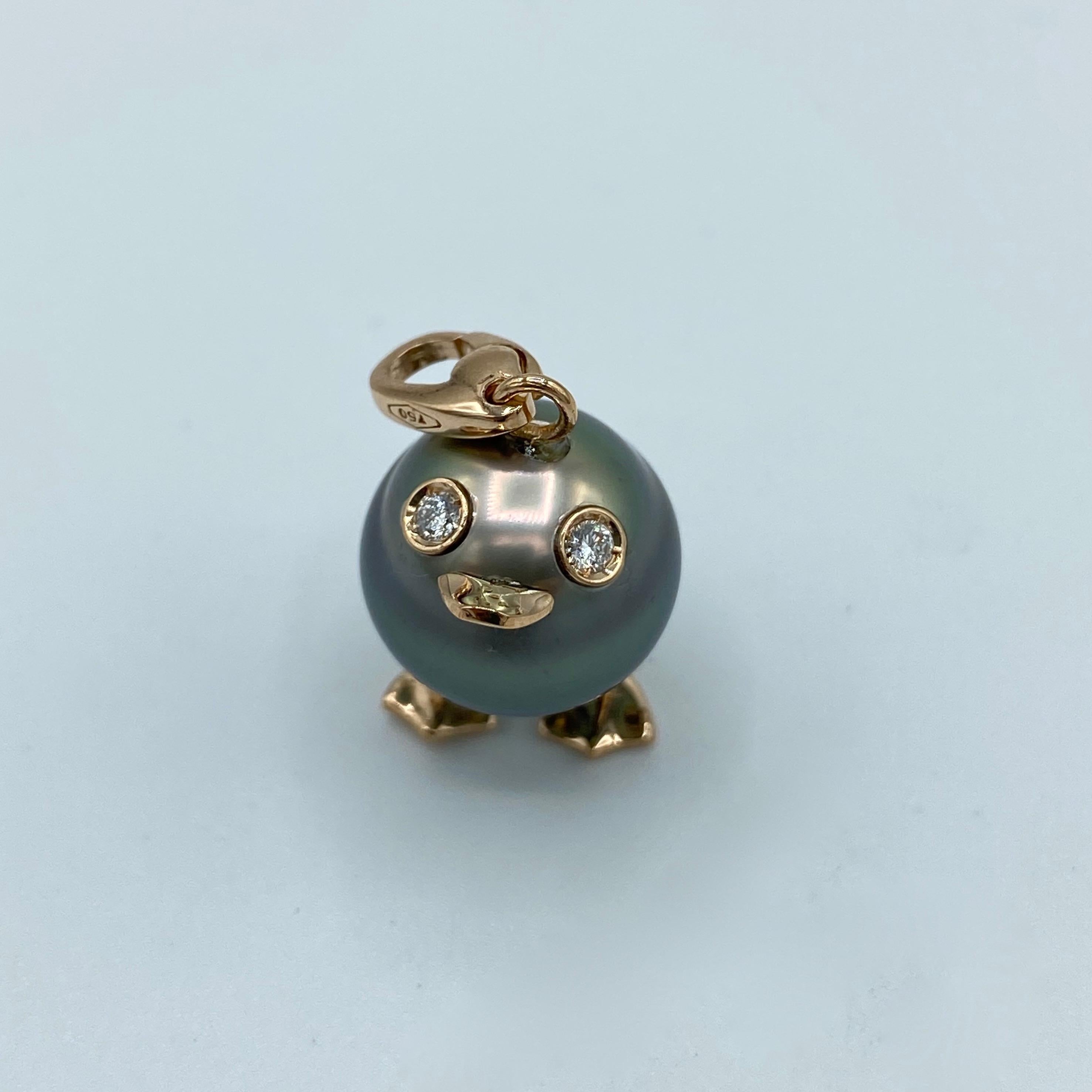 Petronilla Duck Tahiti Pearl 18Kt Gold White Diamond Charm or Pendant Necklace 1