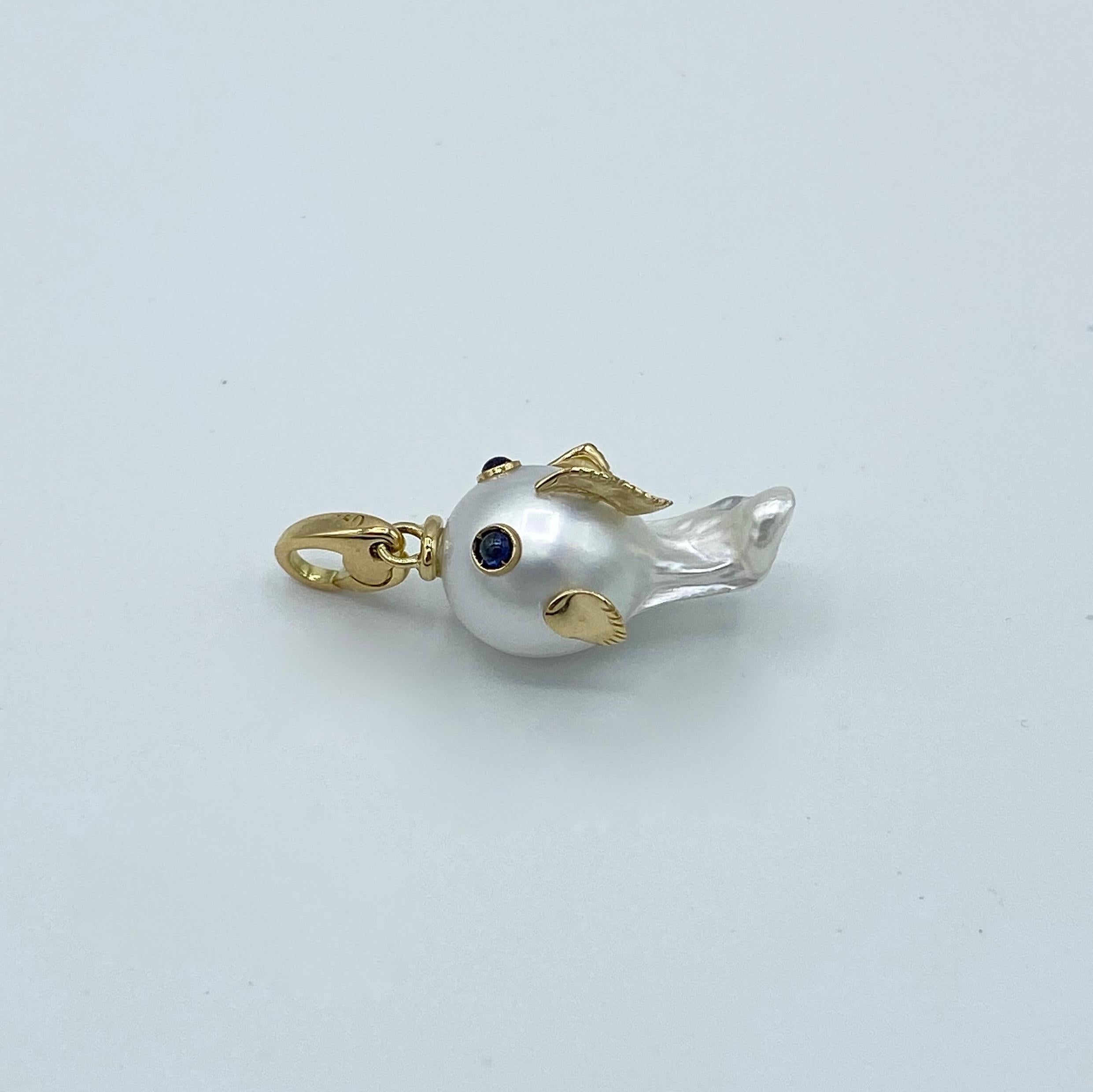 Fish Australian Pearl Blue Sapphire 18 Karat Gold Pendant Necklace 1