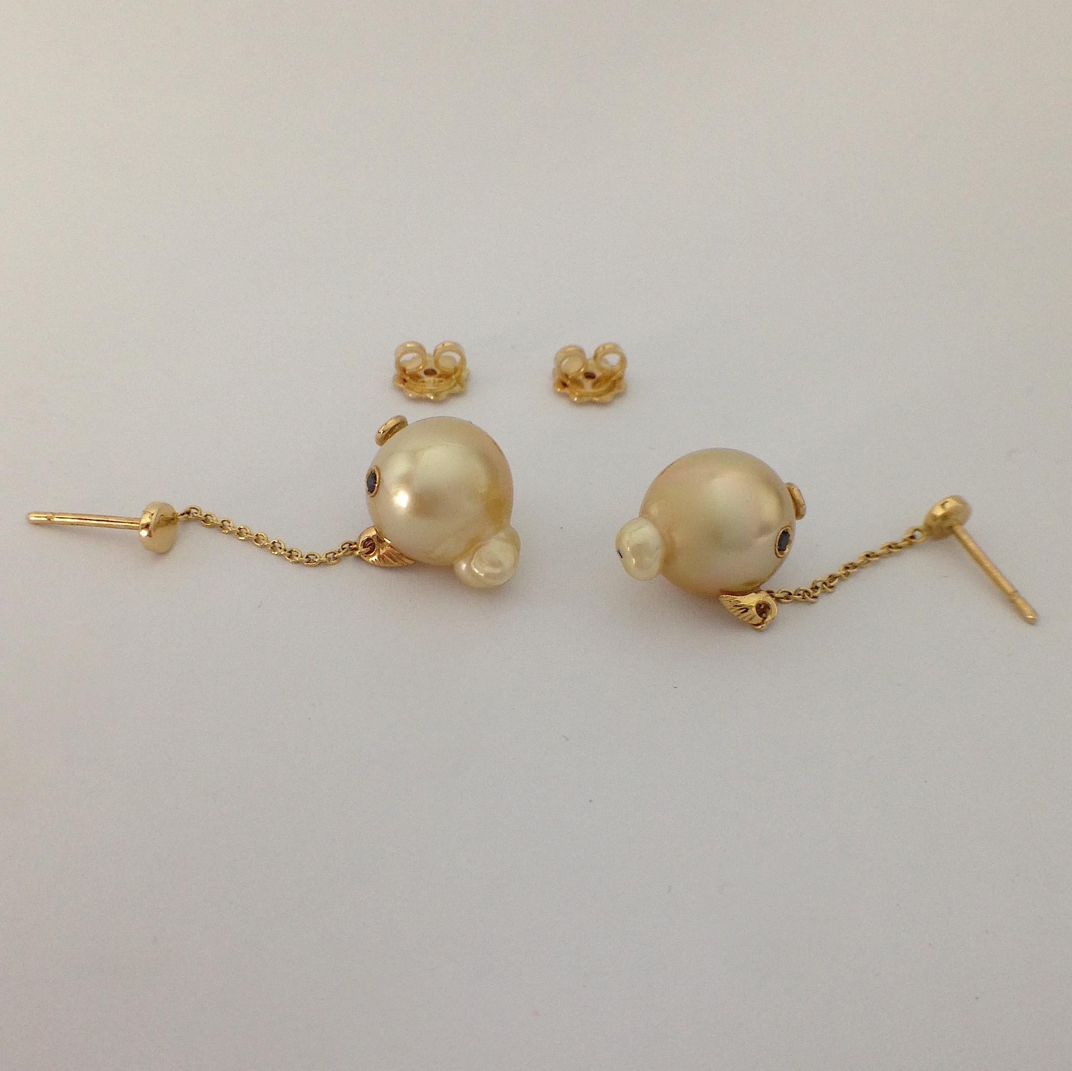 Petronilla Fish Black Diamond Australian Pearl 18 Kt Gold Drop Dangle Earrings 2