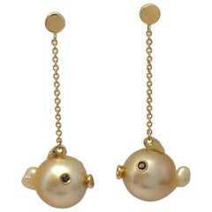 Petronilla Fish Black Diamond Australian Pearl 18 Kt Gold Drop Dangle Earrings