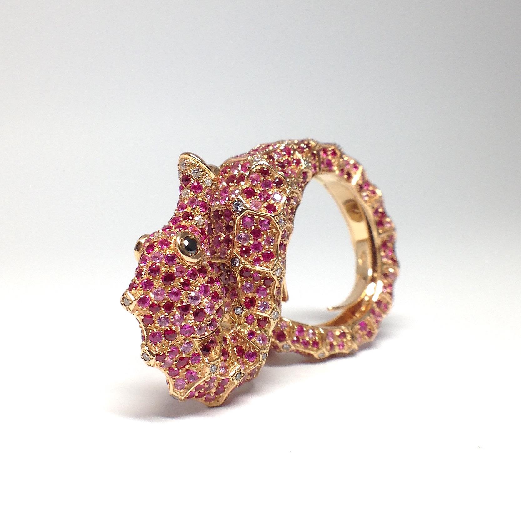 Petronilla Hippocampus Sea Horse Diamond Pink Sapphire Ruby 18Kt Gold Ring 1