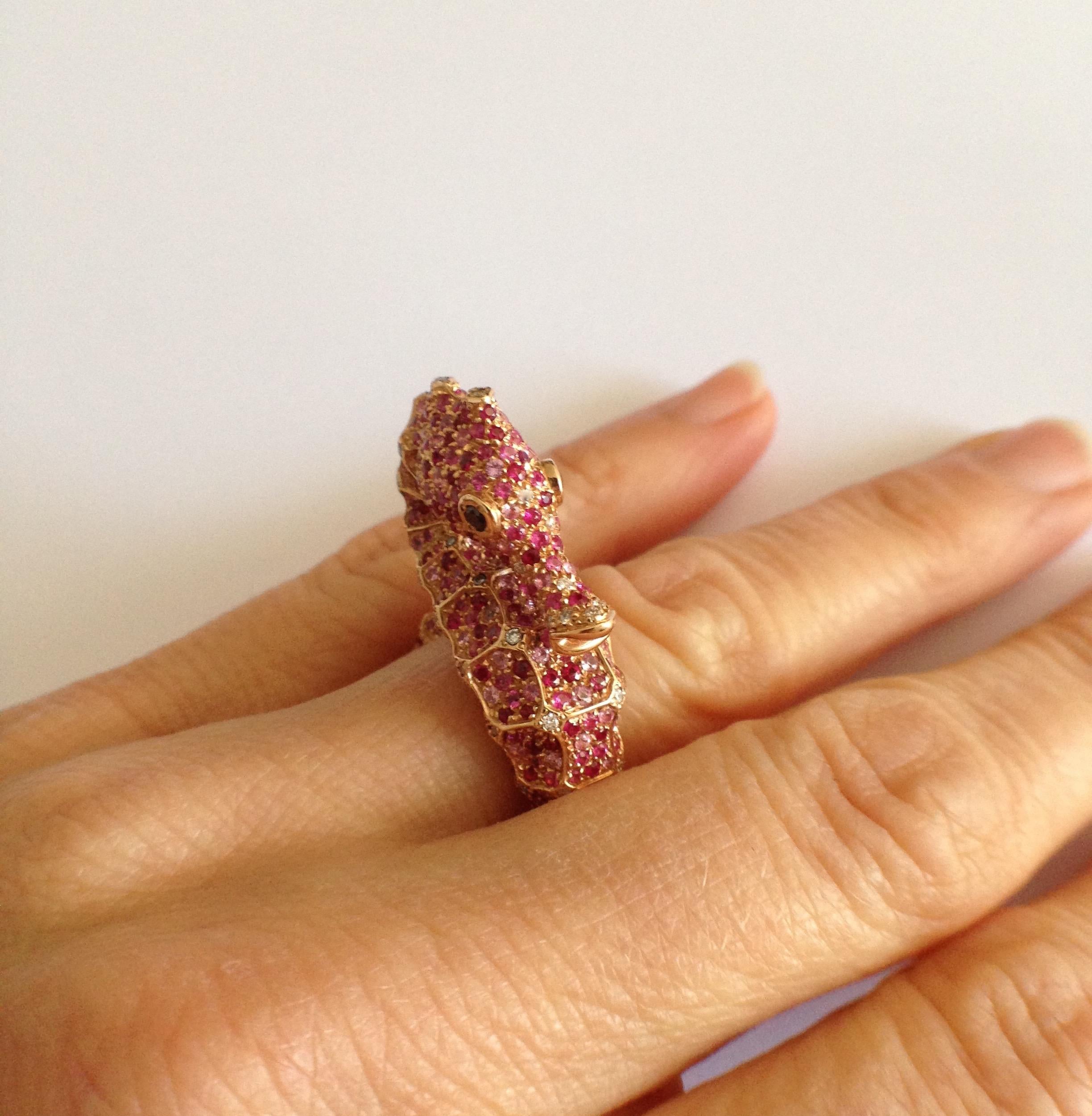 Petronilla Hippocampus Sea Horse Diamond Pink Sapphire Ruby 18Kt Gold Ring 2