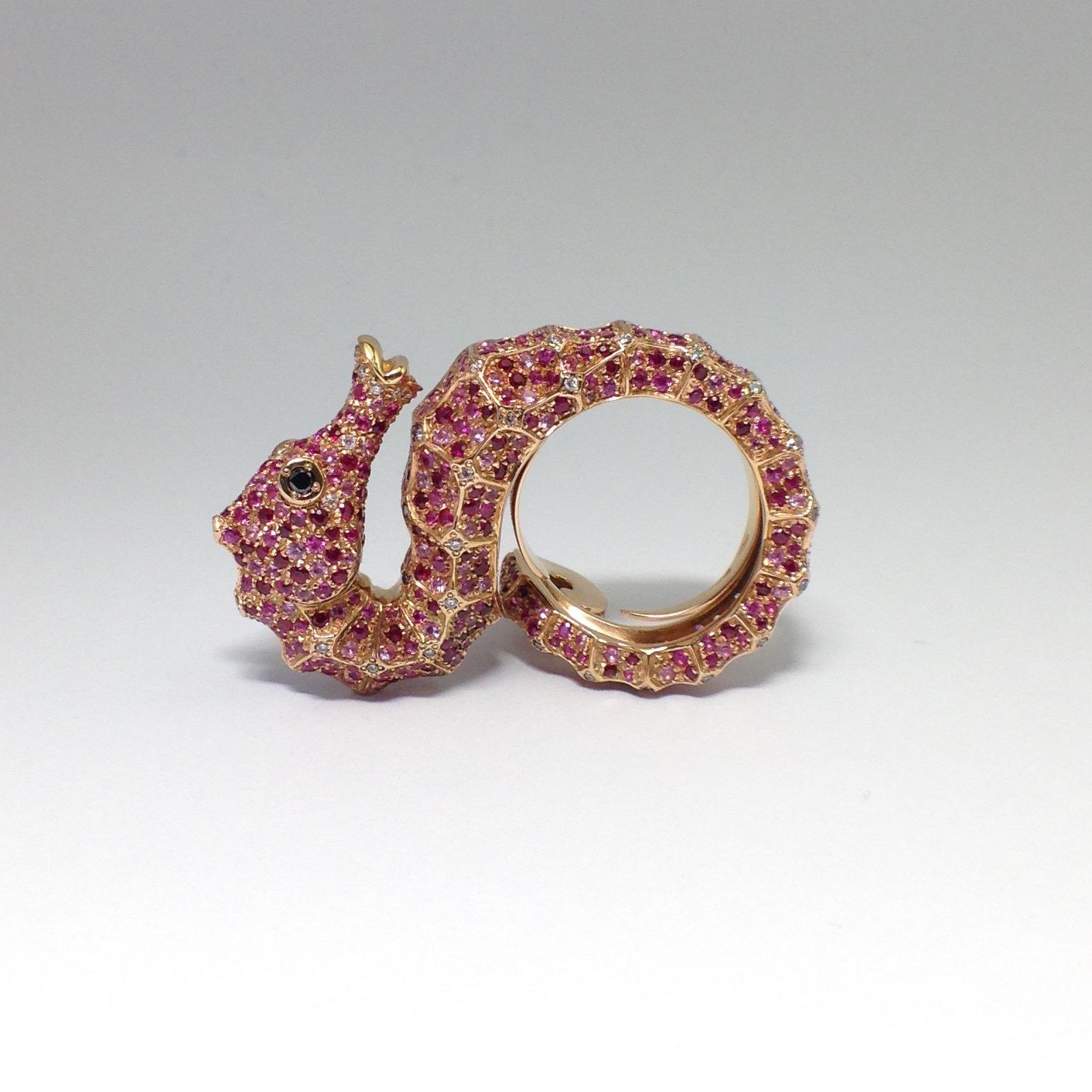 Artisan Petronilla Hippocampus Sea Horse Diamond Pink Sapphire Ruby 18Kt Gold Ring