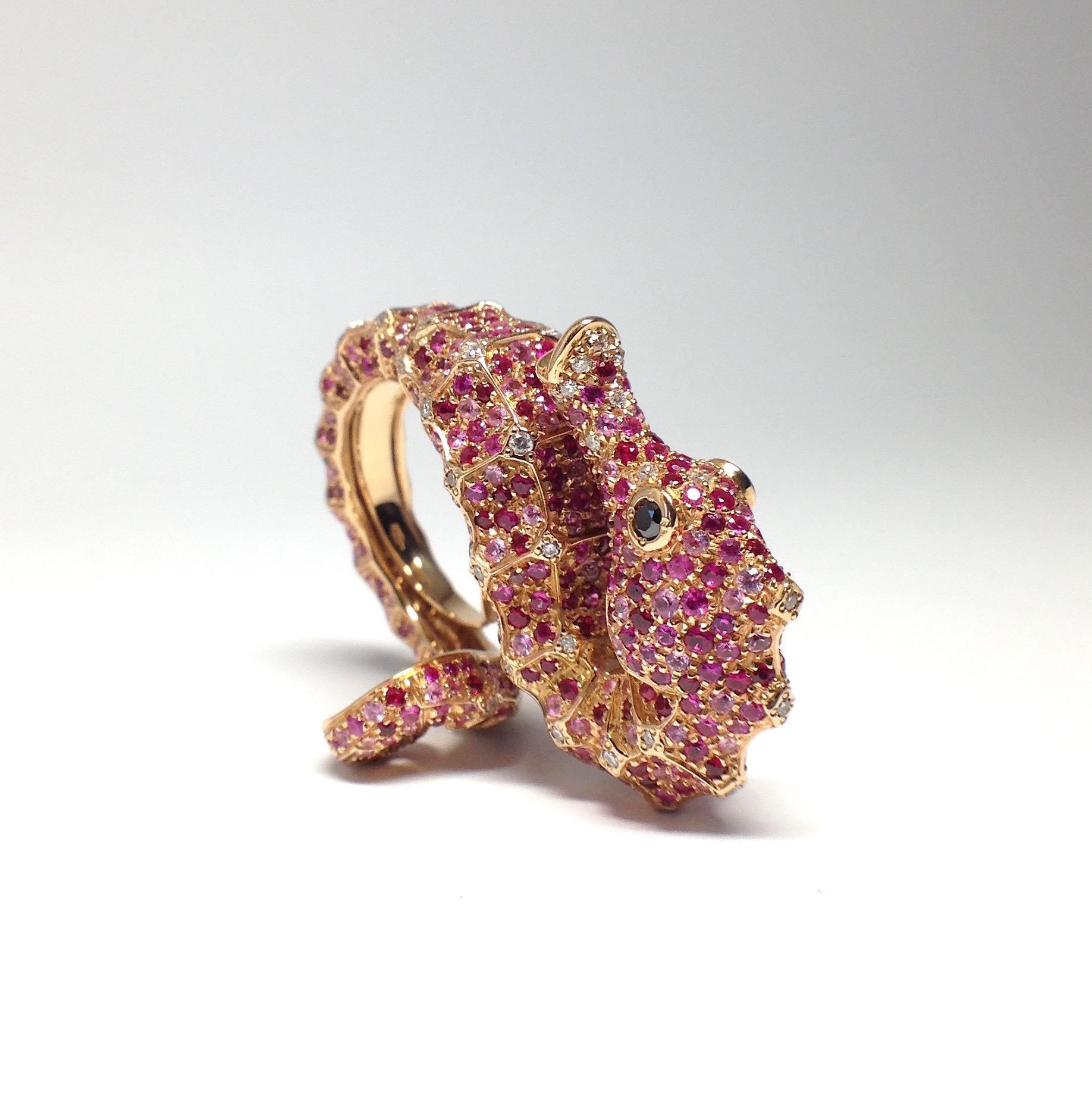 Women's Petronilla Hippocampus Sea Horse Diamond Pink Sapphire Ruby 18Kt Gold Ring