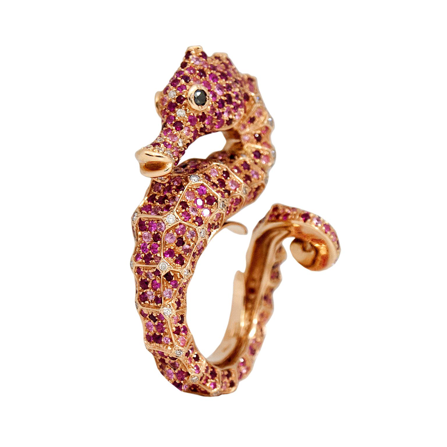 Petronilla Hippocampus Sea Horse Diamond Pink Sapphire Ruby 18Kt Gold Ring