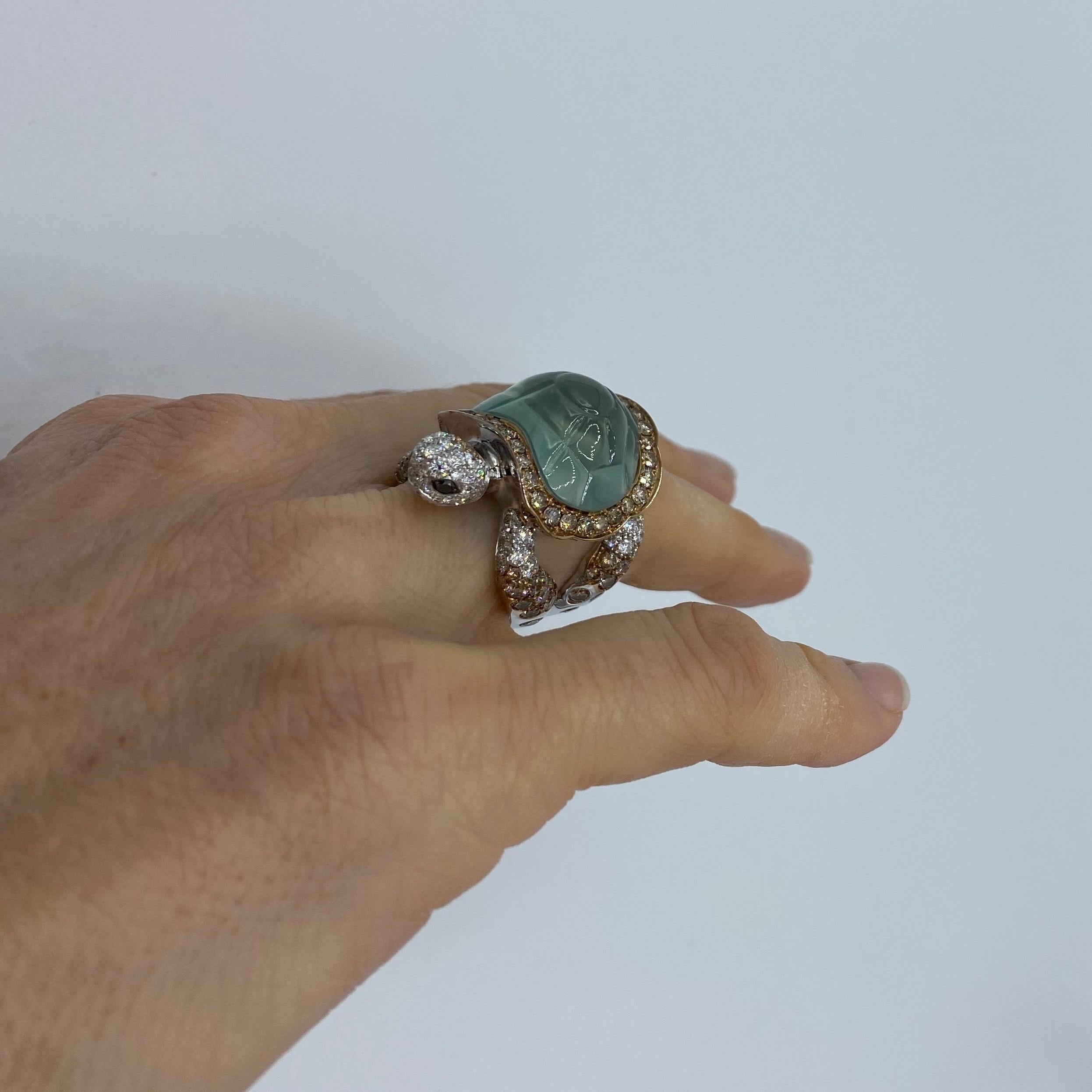 Jewelry Turtle Black Brown White Diamond Prehnite 18 Karat Gold Ring 1
