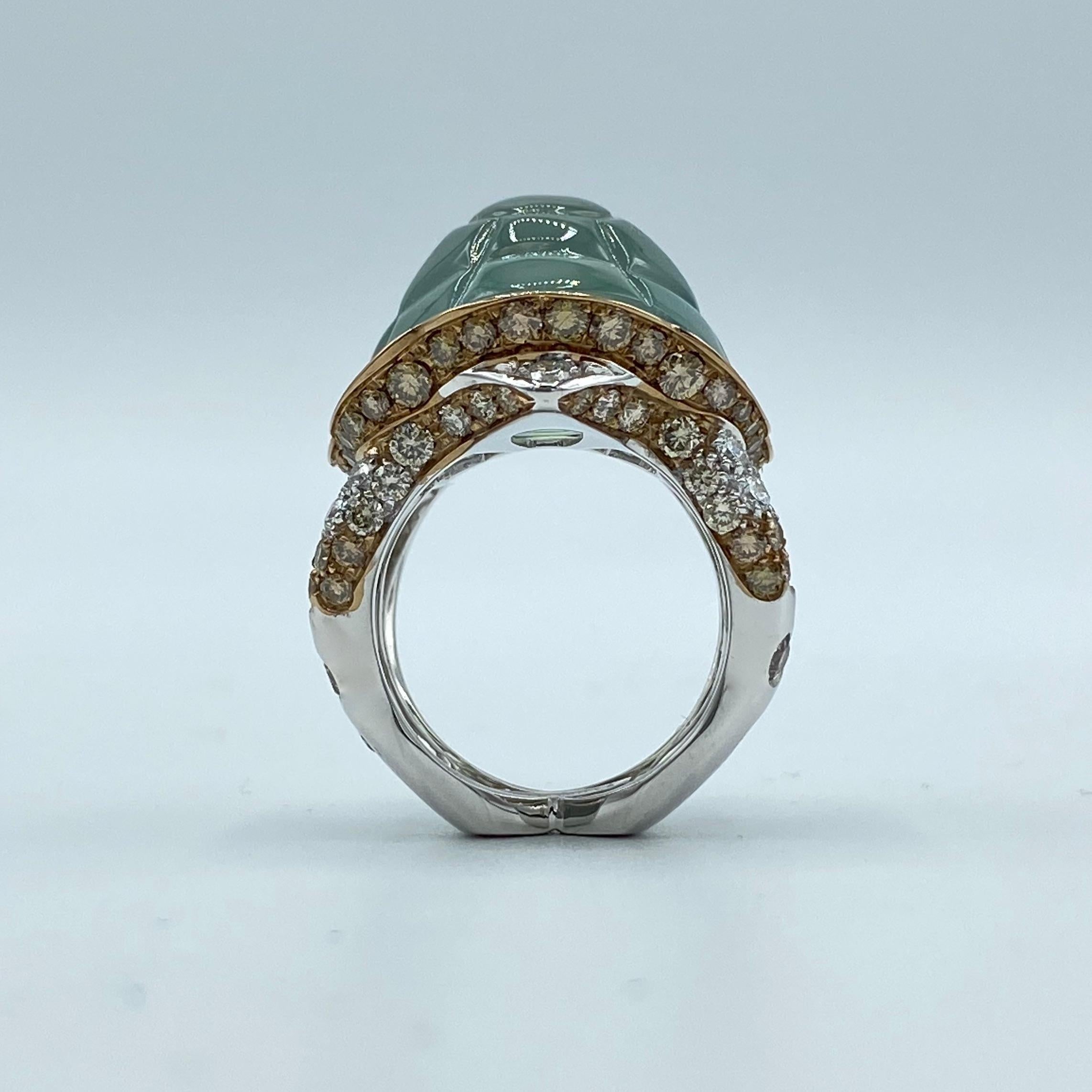 Contemporary Jewelry Turtle Black Brown White Diamond Prehnite 18 Karat Gold Ring