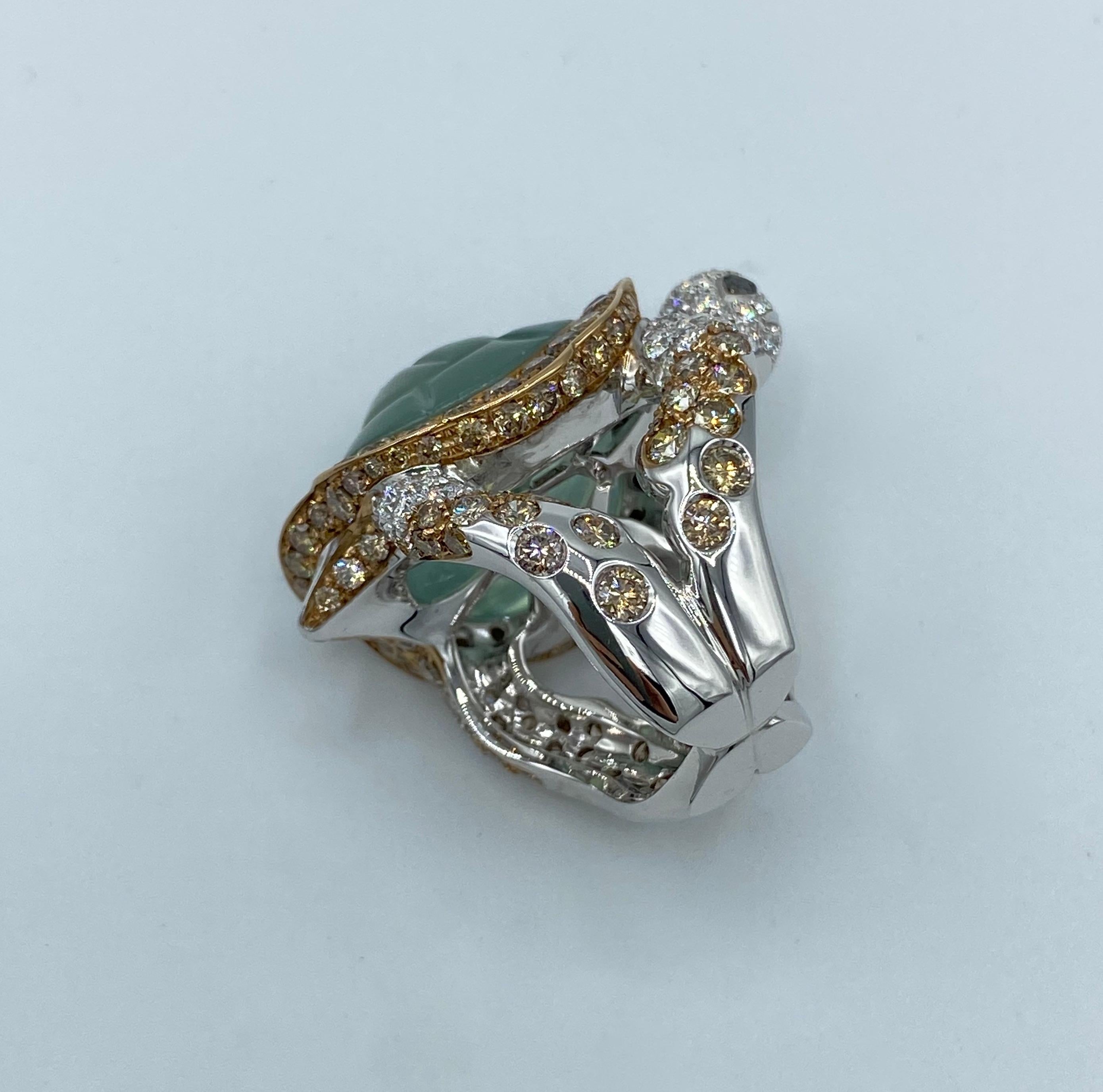 Round Cut Jewelry Turtle Black Brown White Diamond Prehnite 18 Karat Gold Ring