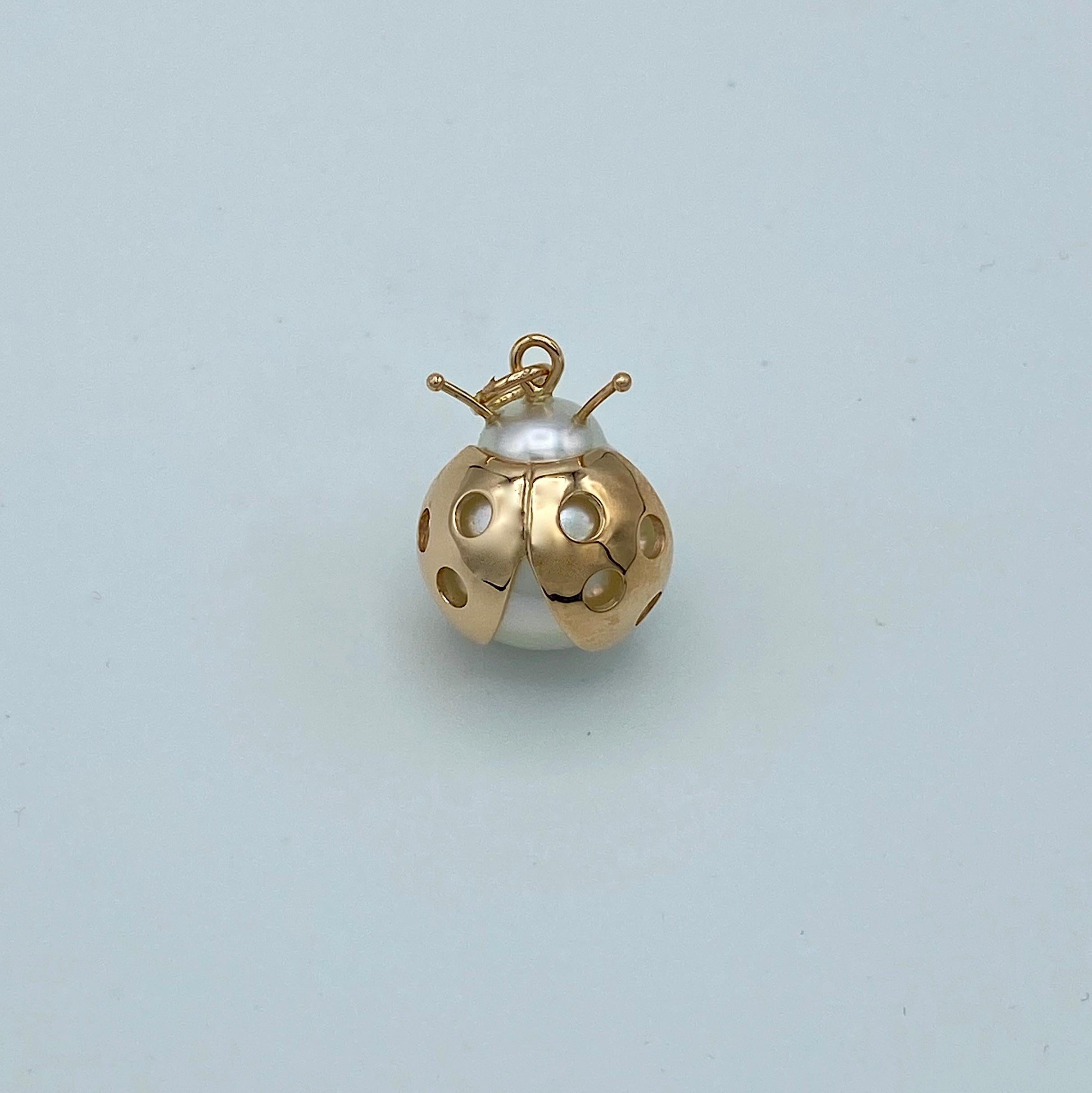 Contemporary Ladybug/Bird Red 18 Karat Gold Australian Pearl Lucky Pendant/Necklace