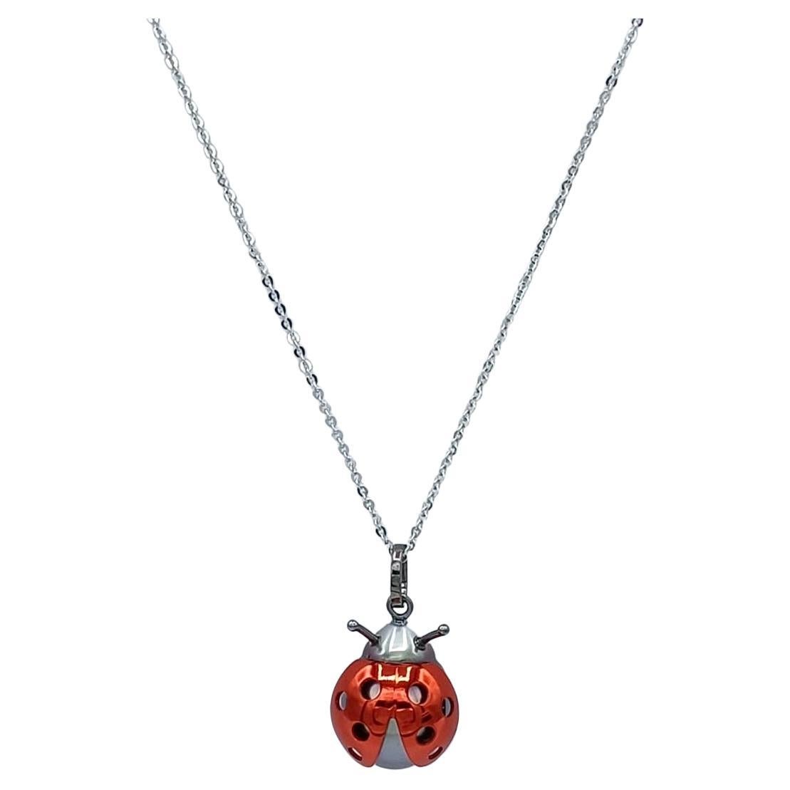 Ladybug / Ladybird 18 Karat Red White Gold Tahiti Pearl Pendant Necklace