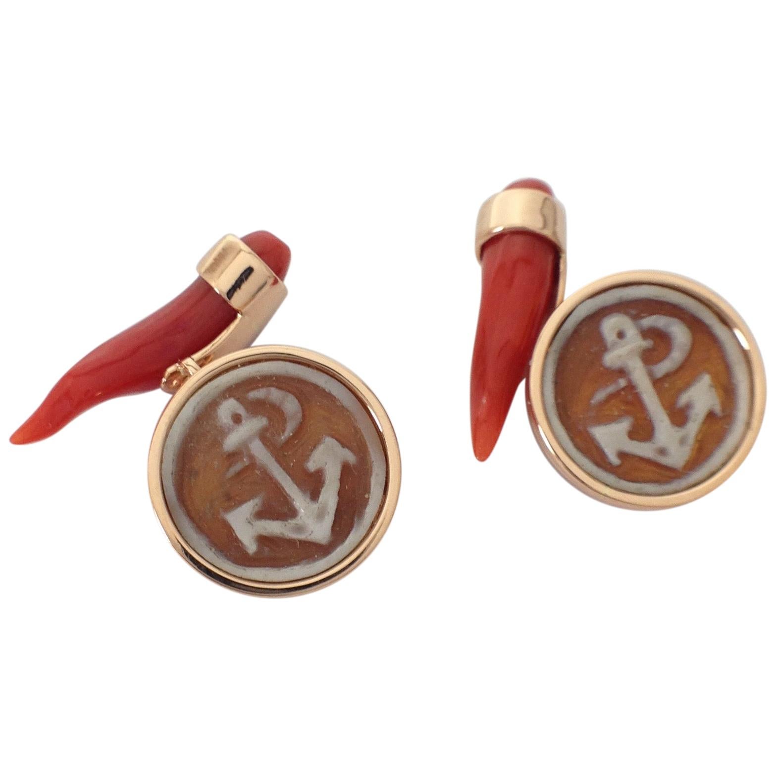 Petronilla Natural Red Coral 18Kt Red Gold Cufflinks Anchor Cameo Made in Italy For Sale