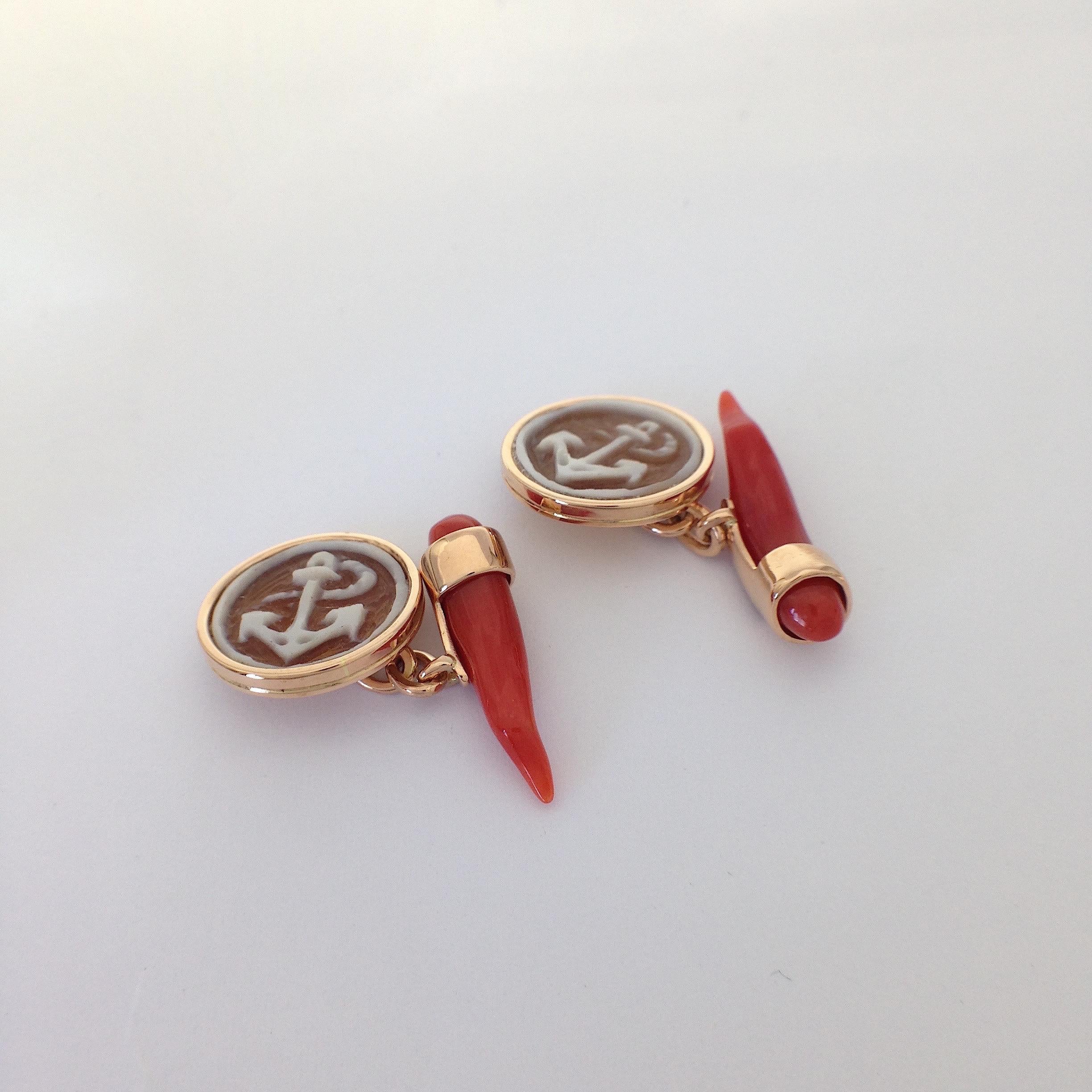 Petronilla Natural Red Coral 18Kt Red Gold Cufflinks Anchor Cameo Made in Italy In New Condition For Sale In Bussolengo, Verona