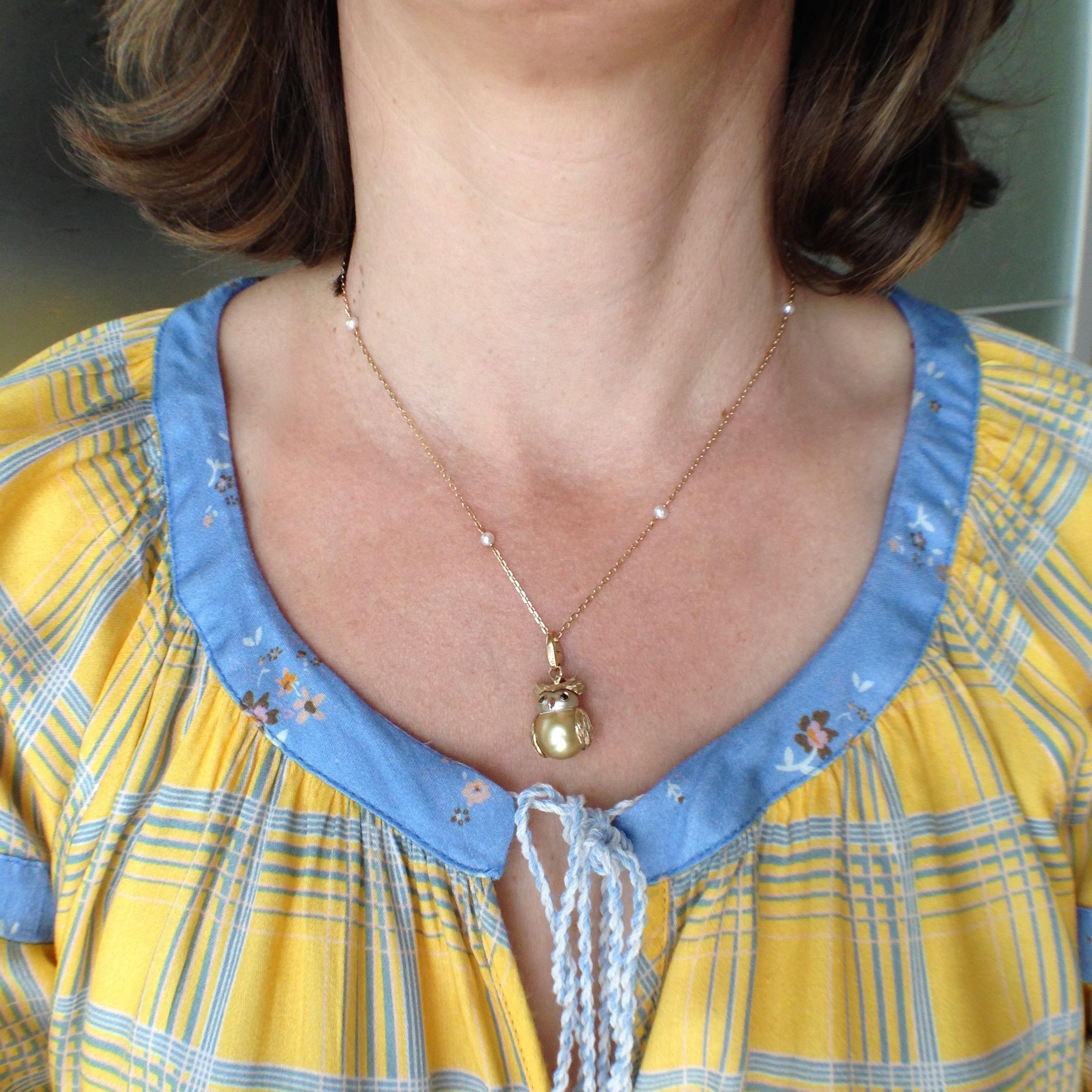 Petronilla Owl Diamond 18 Karat Gold Australian Pearl Charm or Pendant Necklace 7