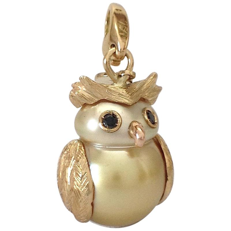 Petronilla Owl Diamond 18 Karat Gold Australian Pearl Charm or Pendant Necklace