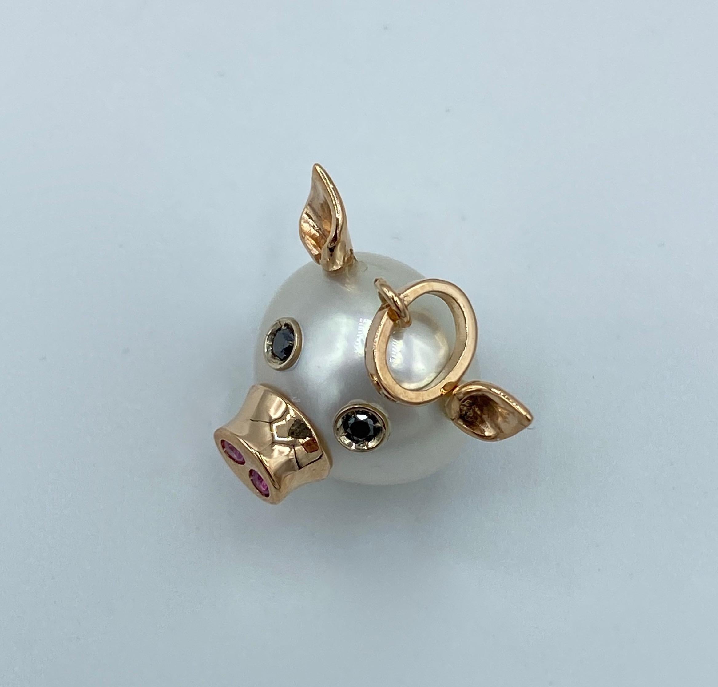 Petronilla Pig Black Diamond Sapphire 18 Kt Gold Pearl Italian Pendant Necklace 2