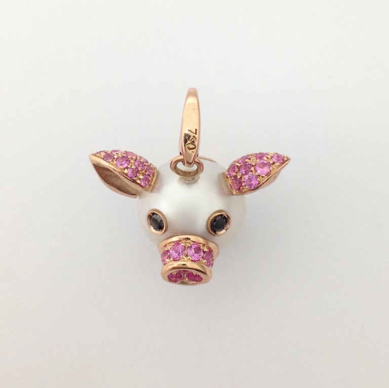 Pig Diamond Sapphire 18 Karat Red Gold Pearl Pendant Necklace and Charm