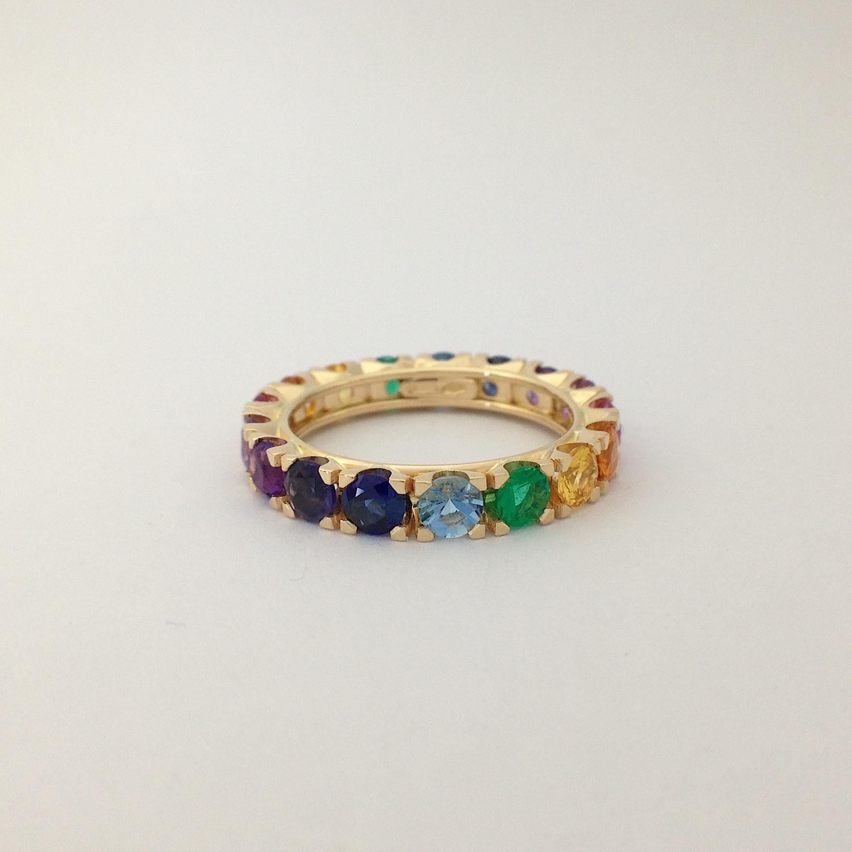 Rainbow Sapphire Emerald Semiprecious Stone 18 Karat Gold Ring Handmade in Italy 4
