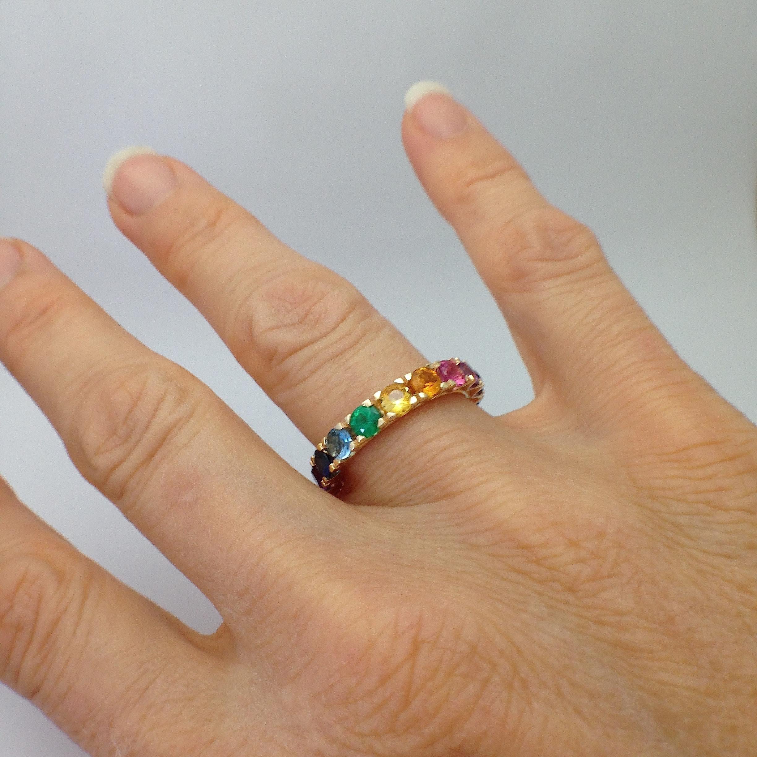 Rainbow Sapphire Emerald Semiprecious Stone 18 Karat Gold Ring Handmade in Italy 5