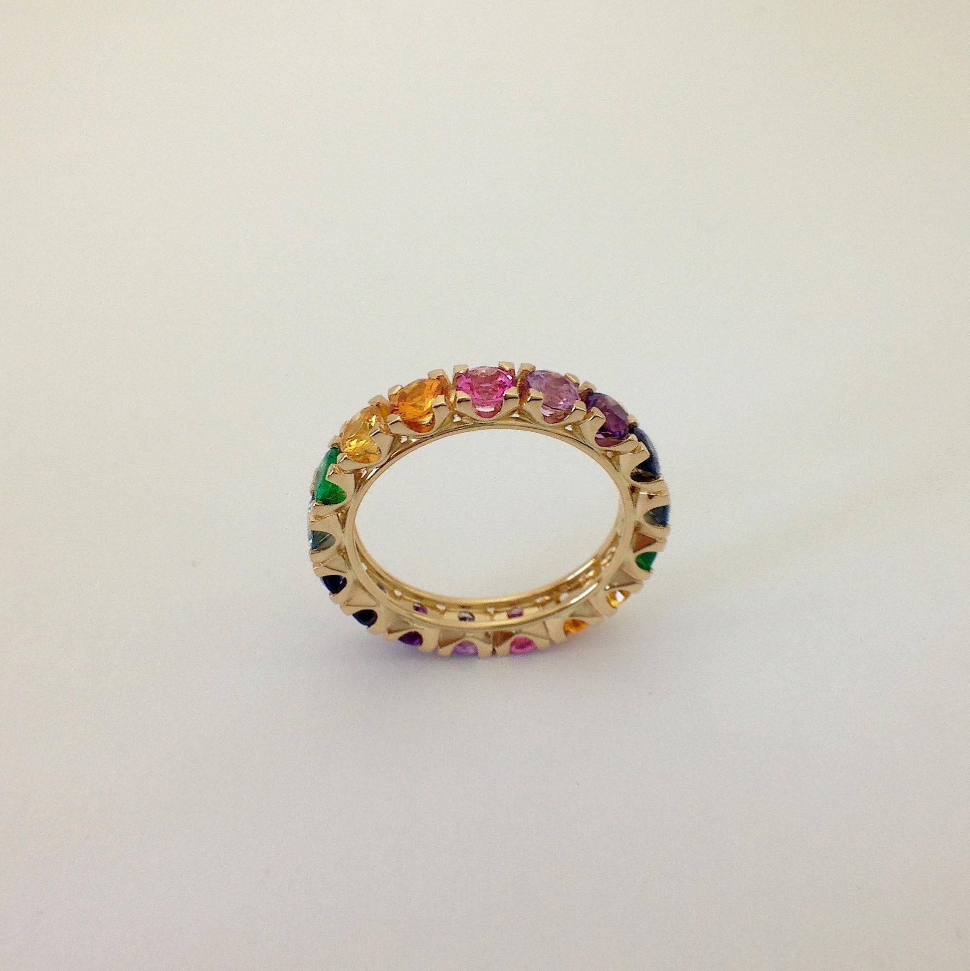 Round Cut Rainbow Sapphire Emerald Semiprecious Stone 18 Karat Gold Ring Handmade in Italy