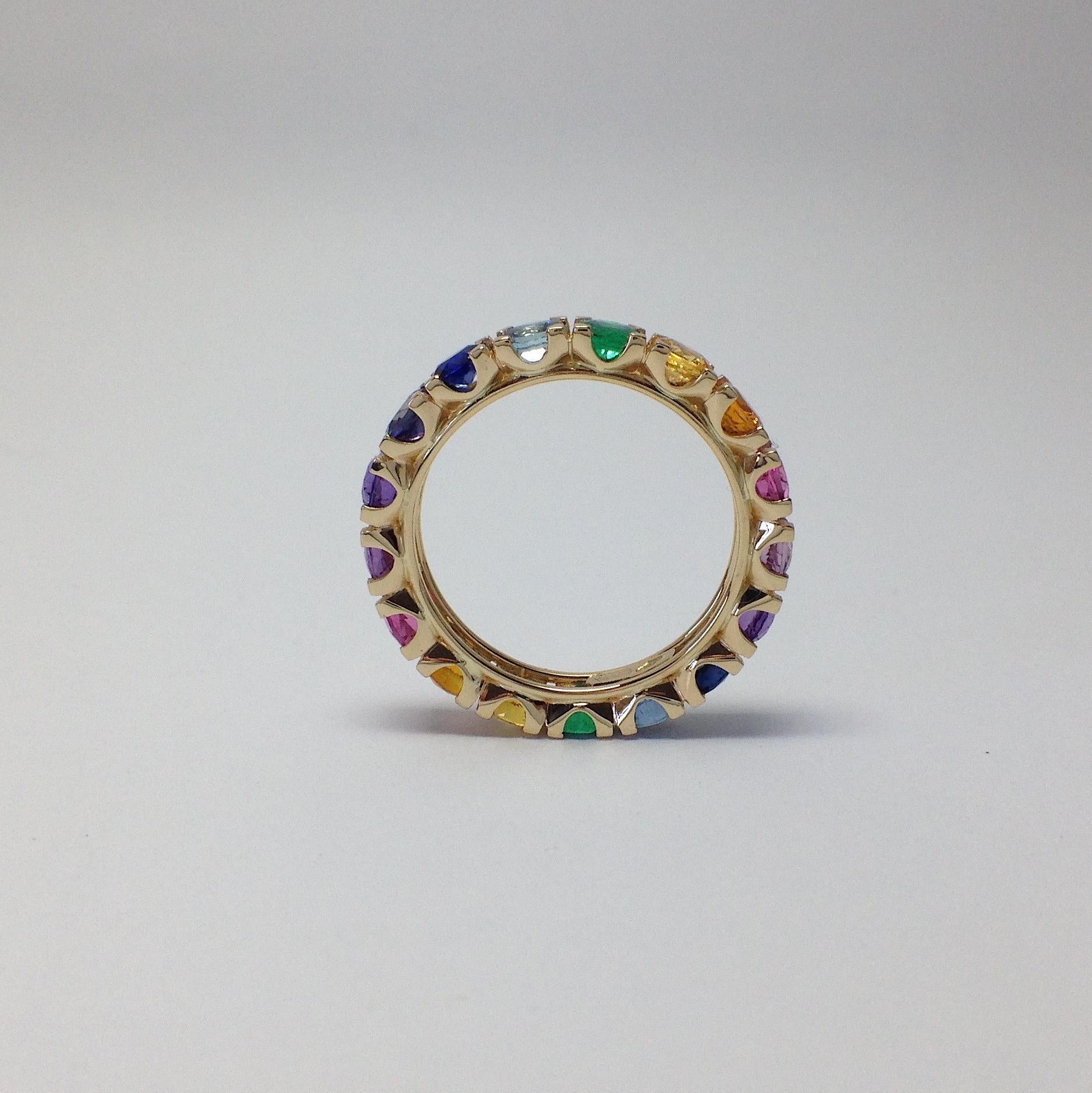 Rainbow Sapphire Emerald Semiprecious Stone 18 Karat Gold Ring Handmade in Italy In New Condition In Bussolengo, Verona