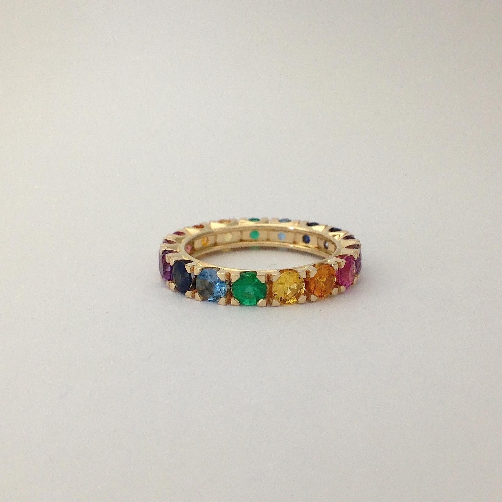 Women's Rainbow Sapphire Emerald Semiprecious Stone 18 Karat Gold Ring Handmade in Italy