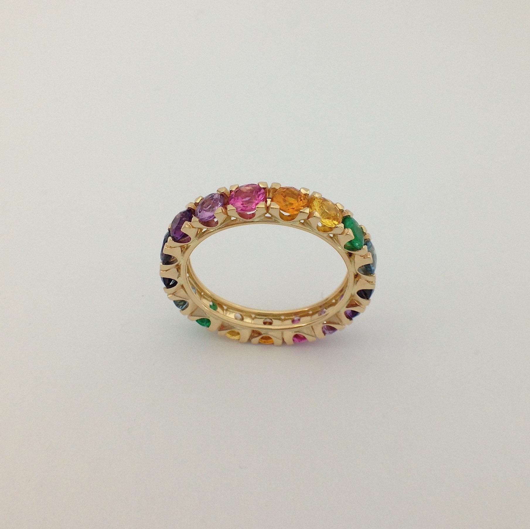 Rainbow Sapphire Emerald Semiprecious Stone 18 Karat Gold Ring Handmade in Italy 2