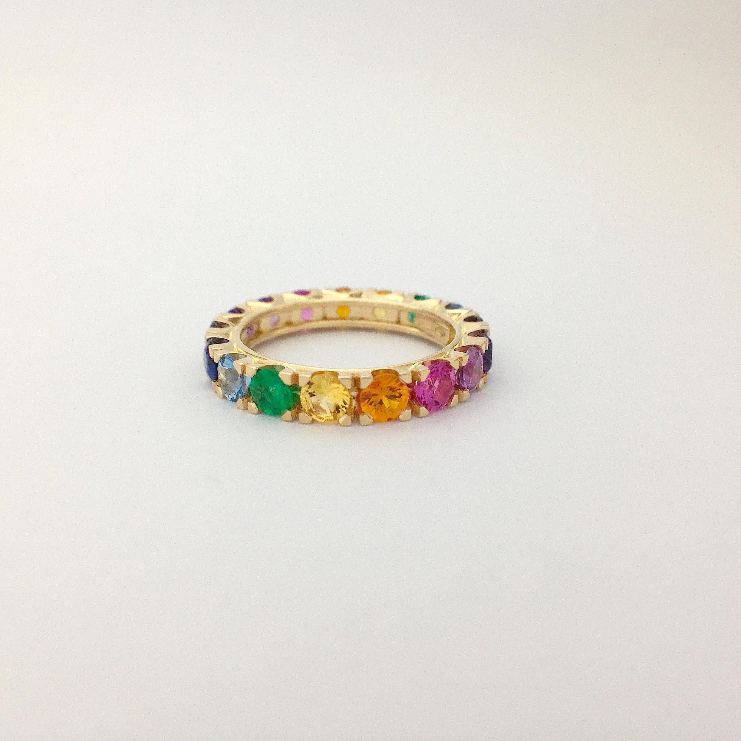 Rainbow Sapphire Emerald Semiprecious Stone 18 Karat Gold Ring Handmade in Italy 3