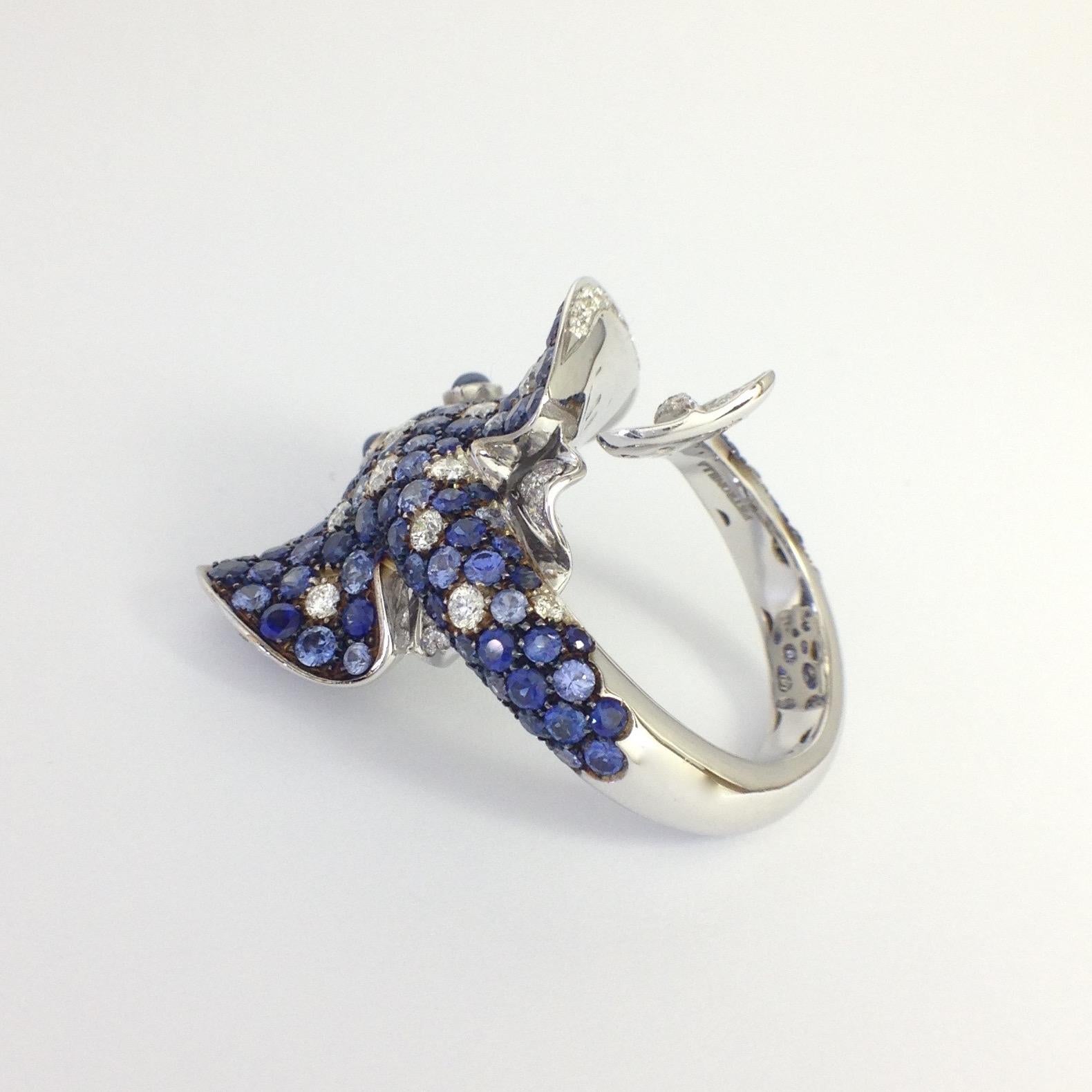 Ray Fish White Diamond Blue Sapphire 18 Karat Gold Ring Made in Italy Petronilla 6