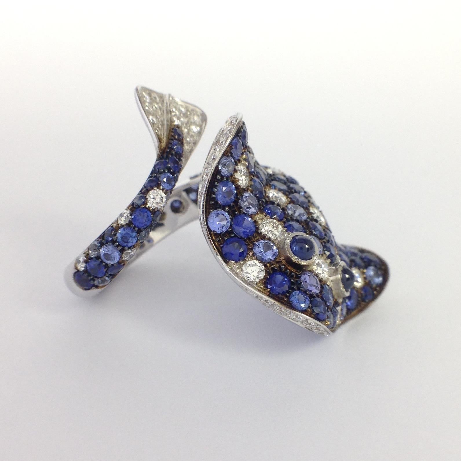 Ray Fish White Diamond Blue Sapphire 18 Karat Gold Ring Made in Italy Petronilla 7