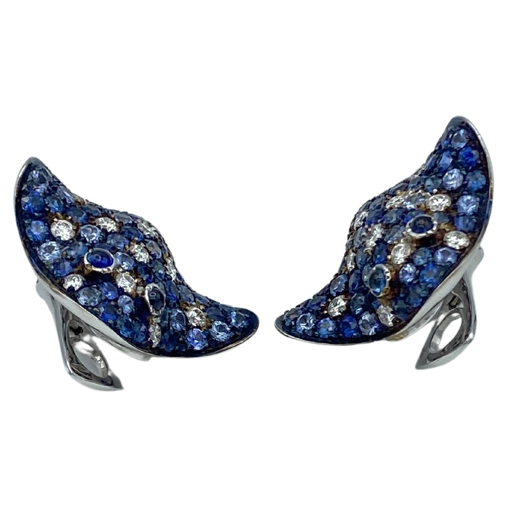 Contemporary Petronilla Ray Fish White Diamond Blue Sapphire 18Kt Gold Made in Italy Earrings For Sale